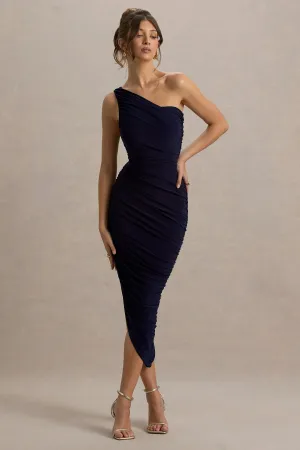 Dorit | Navy One Shoulder Asymmetric Ruched Midi Dress Club L London