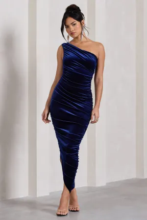 Dorit | Navy Velvet One Shoulder Asymmetric Ruched Midi Dress Club L London