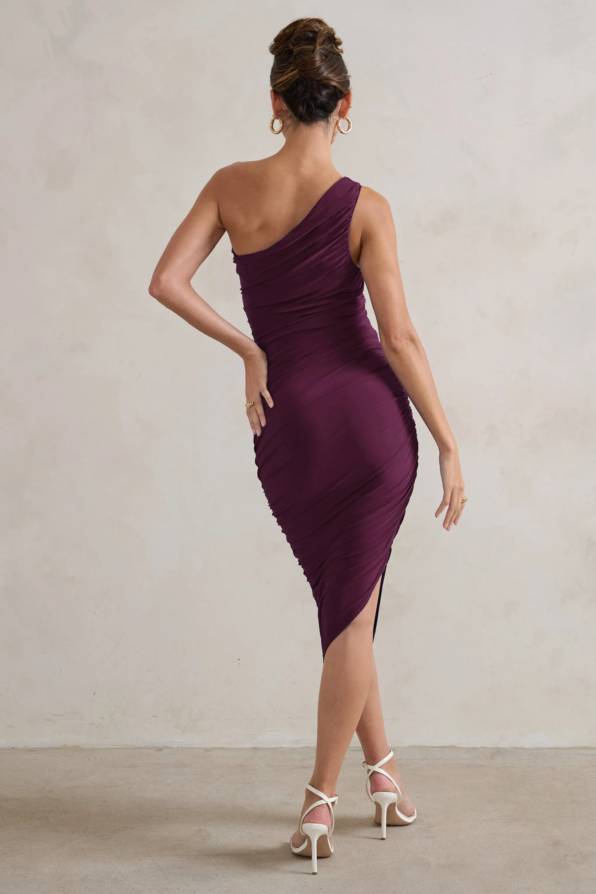 Dorit | Plum One Shoulder Asymmetric Ruched Midi Dress Club L London