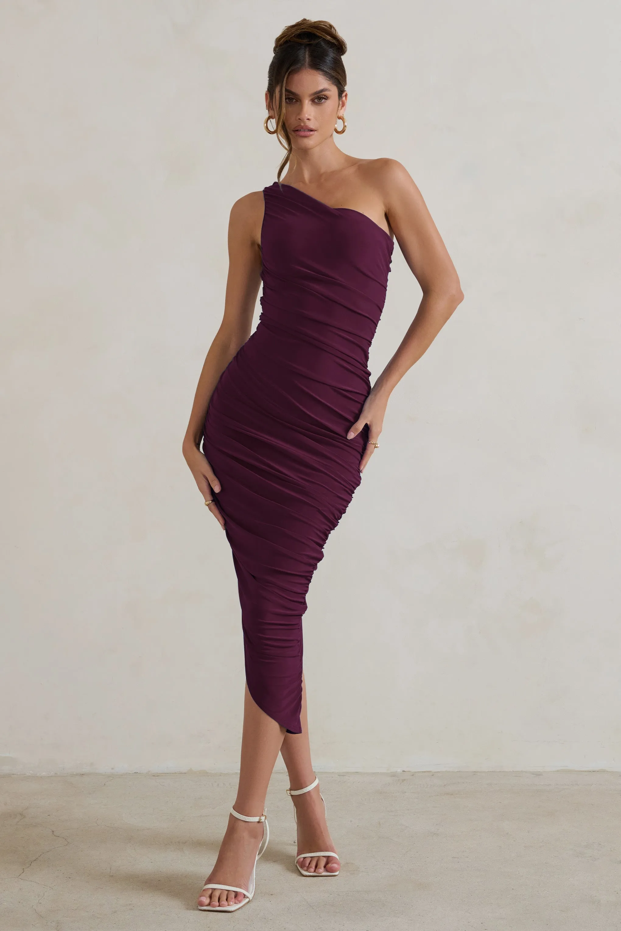 Dorit | Plum One Shoulder Asymmetric Ruched Midi Dress Club L London
