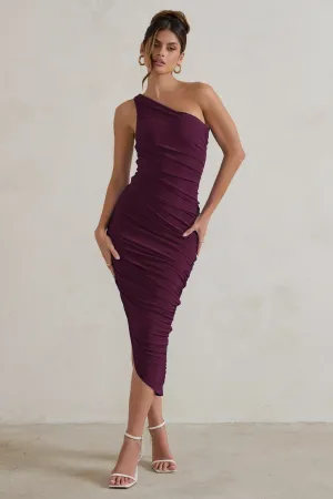 Dorit | Plum One Shoulder Asymmetric Ruched Midi Dress Club L London