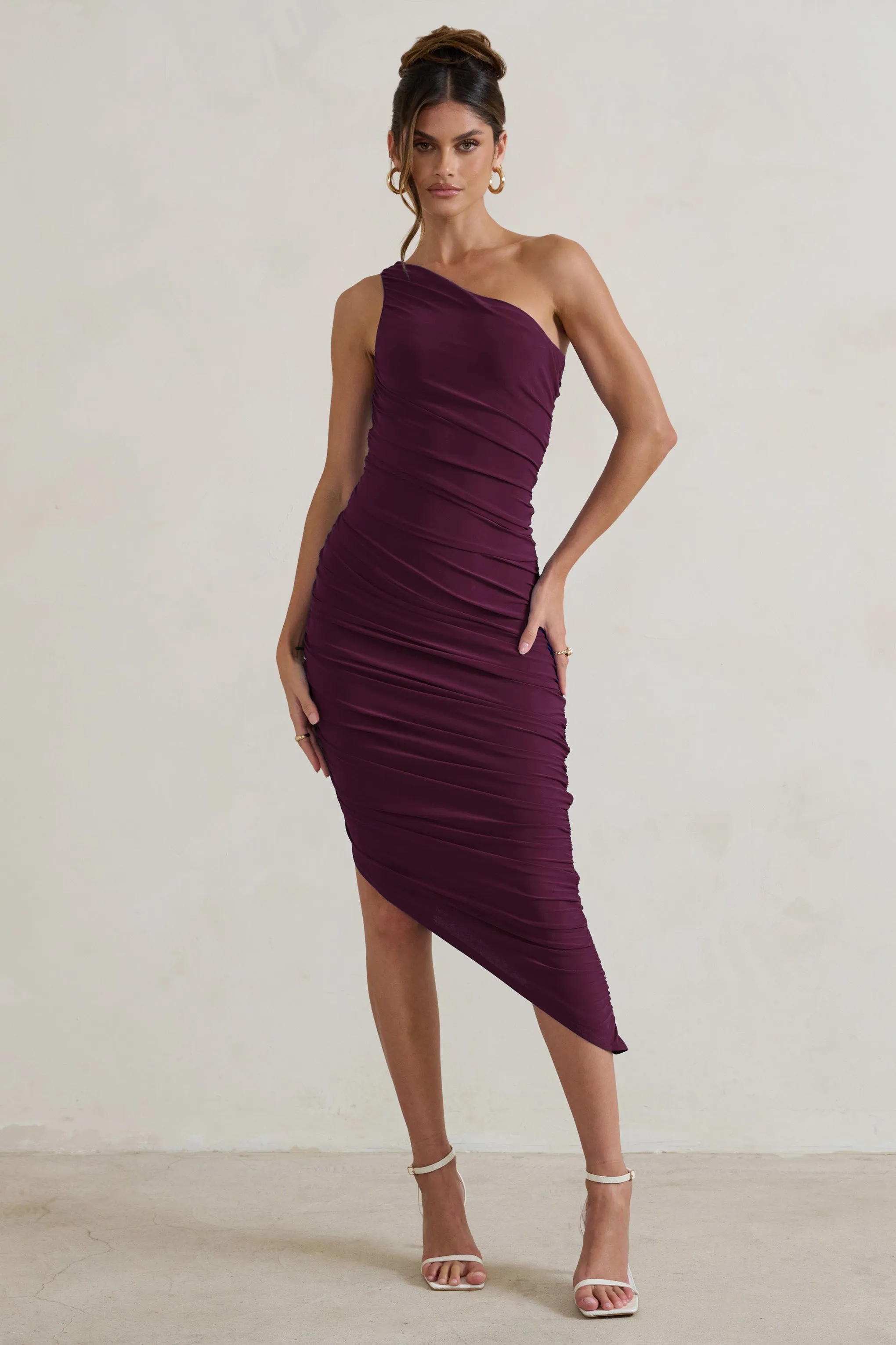 Dorit | Plum One Shoulder Asymmetric Ruched Midi Dress Club L London