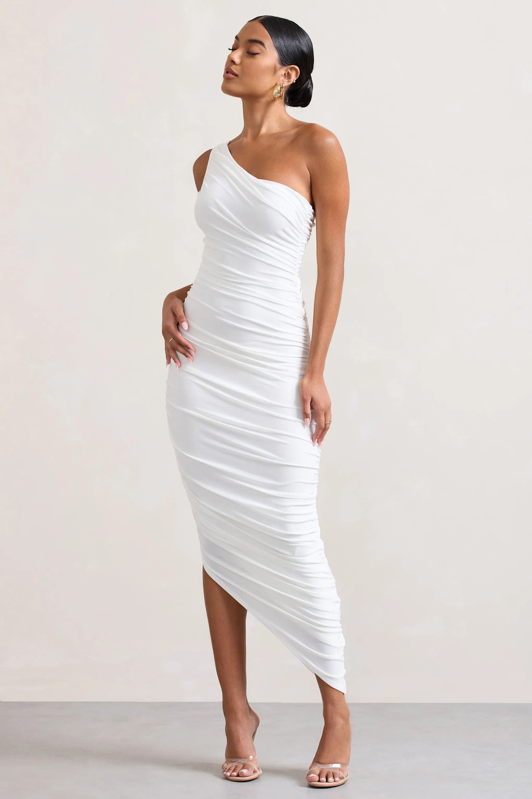 Dorit | White One Shoulder Asymmetric Ruched Midi Dress Club L London