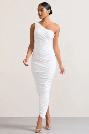 Dorit | White One Shoulder Asymmetric Ruched Midi Dress Club L London