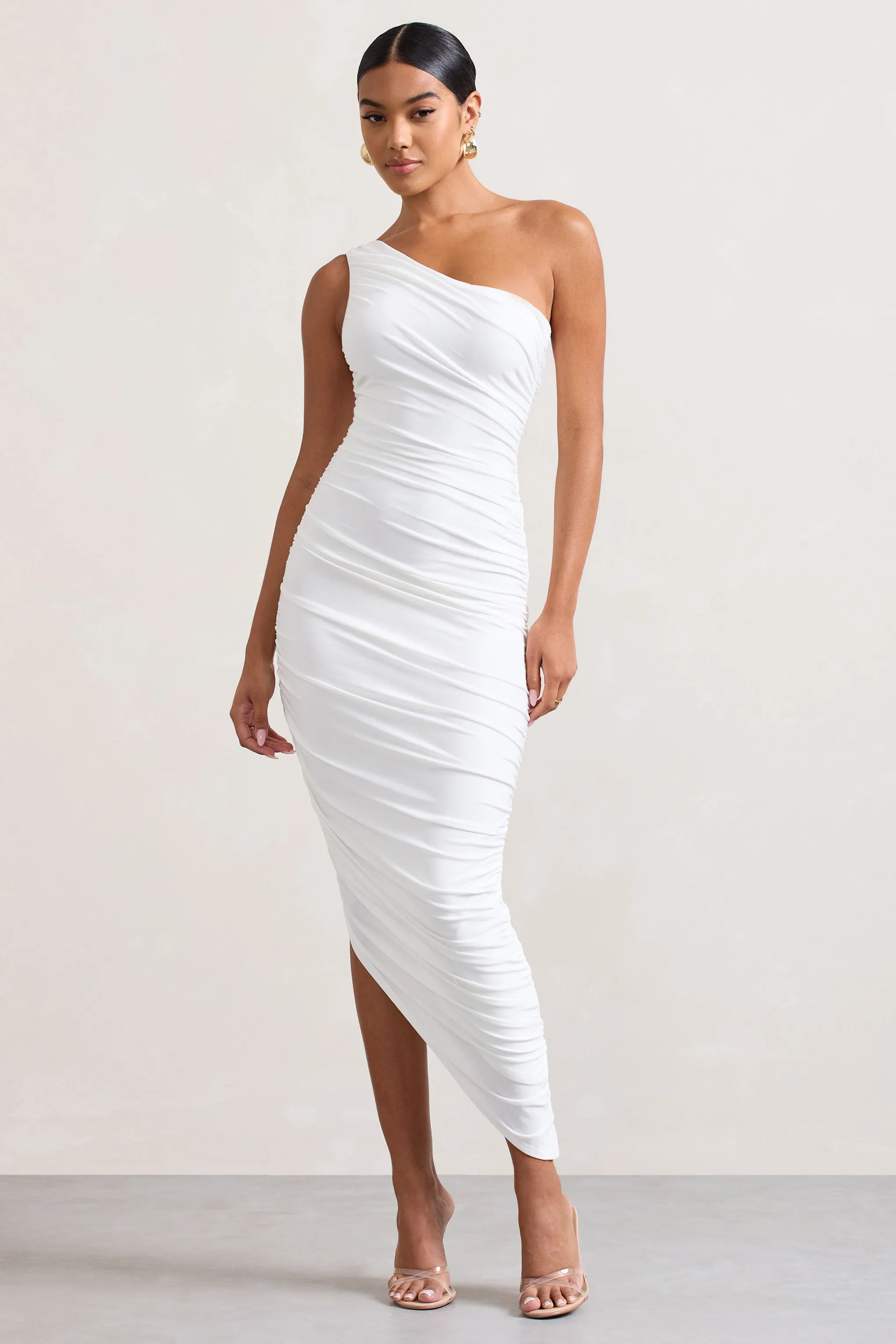 Dorit | White One Shoulder Asymmetric Ruched Midi Dress Club L London