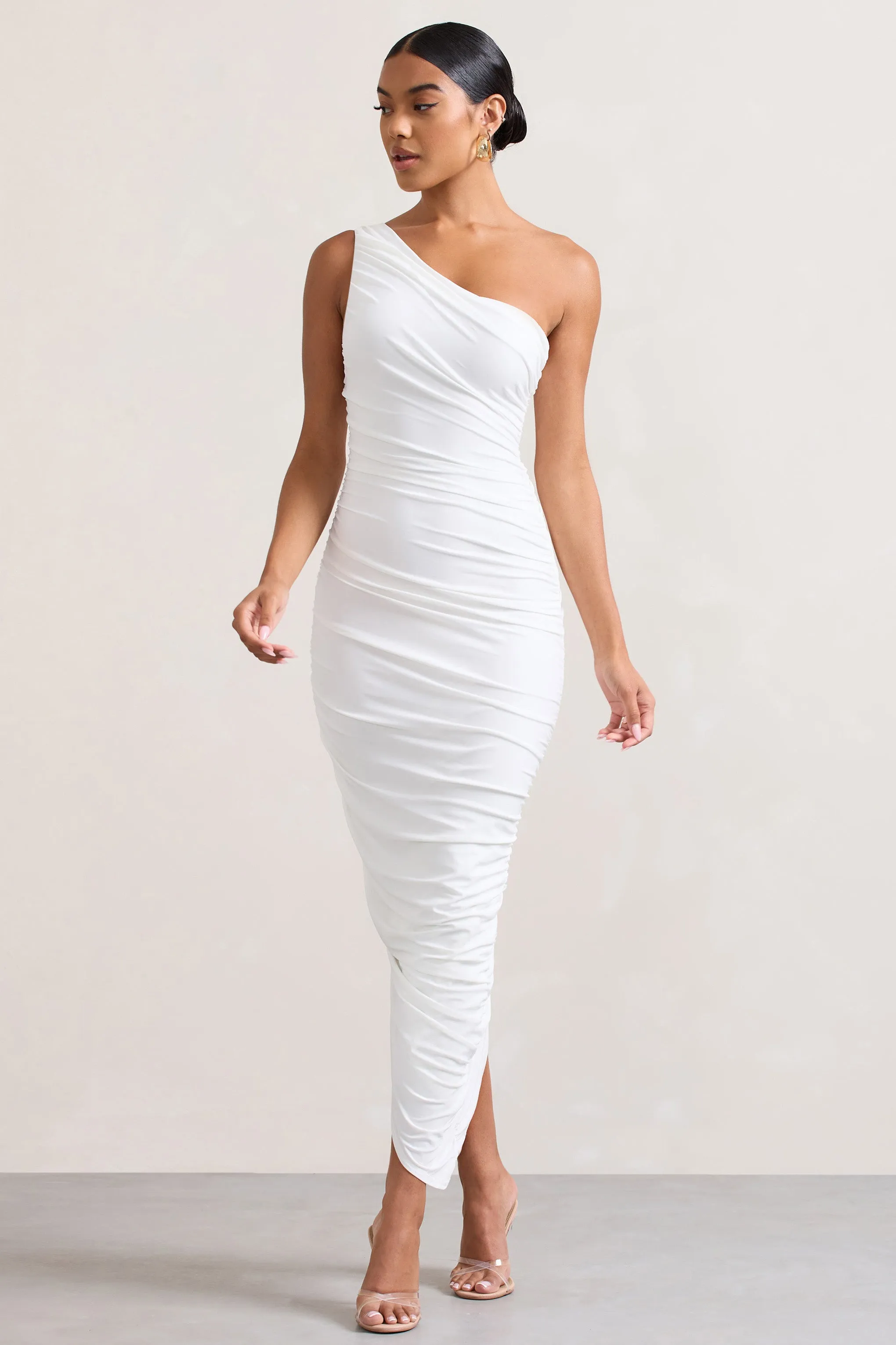 Dorit | White One Shoulder Asymmetric Ruched Midi Dress Club L London