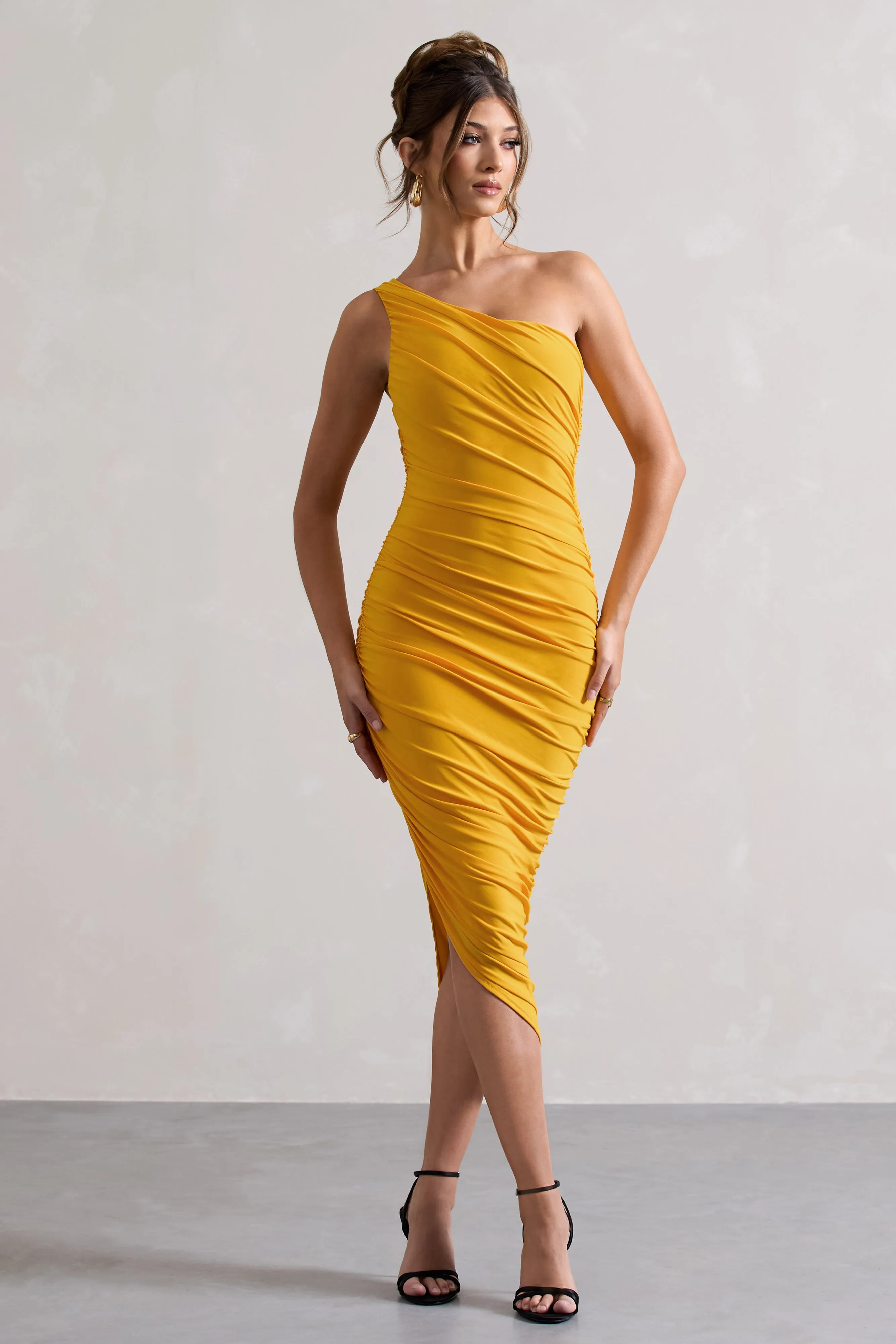 Dorit | Yellow One Shoulder Asymmetric Ruched Midi Dress Club L London