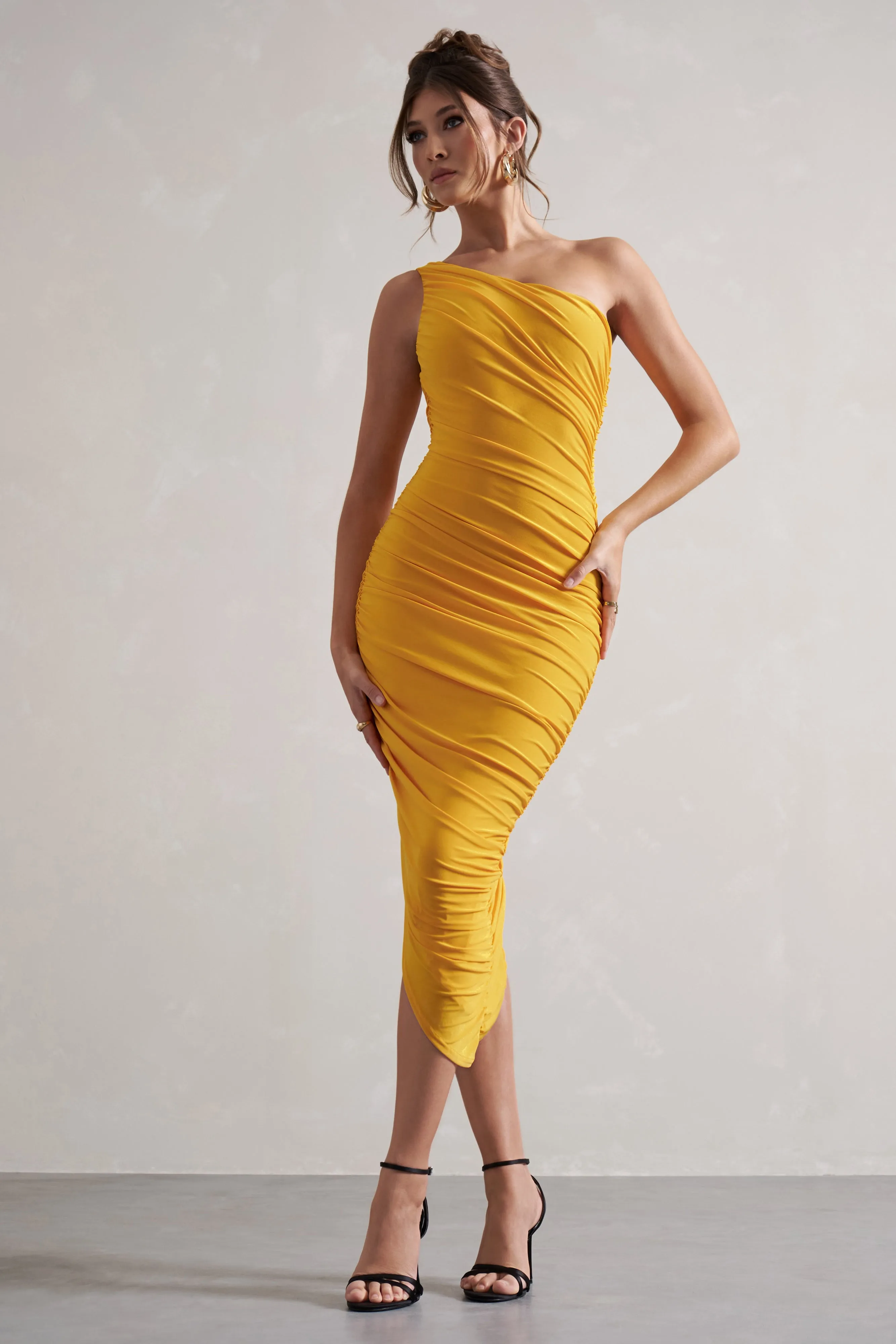 Dorit | Yellow One Shoulder Asymmetric Ruched Midi Dress Club L London