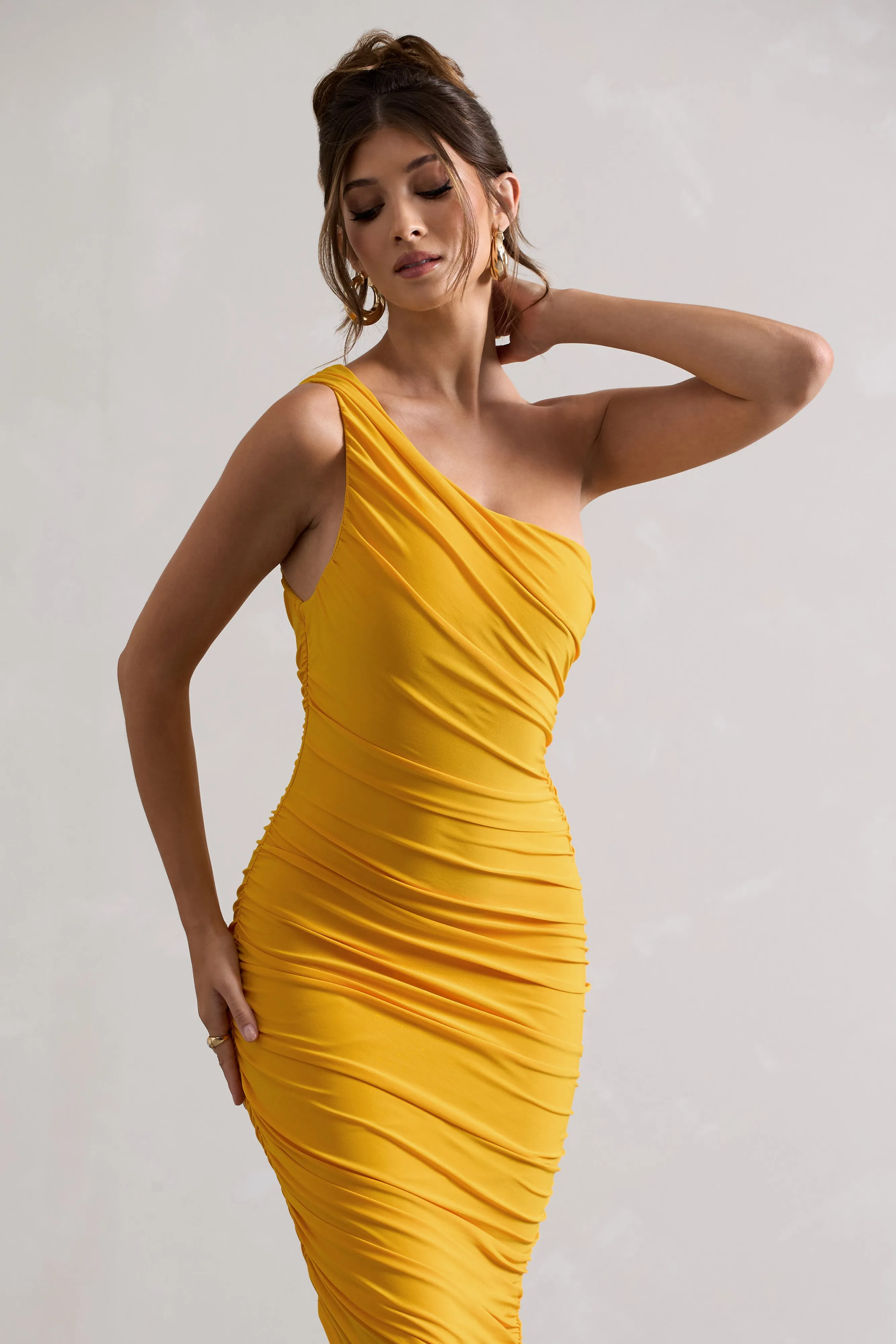 Dorit | Yellow One Shoulder Asymmetric Ruched Midi Dress Club L London
