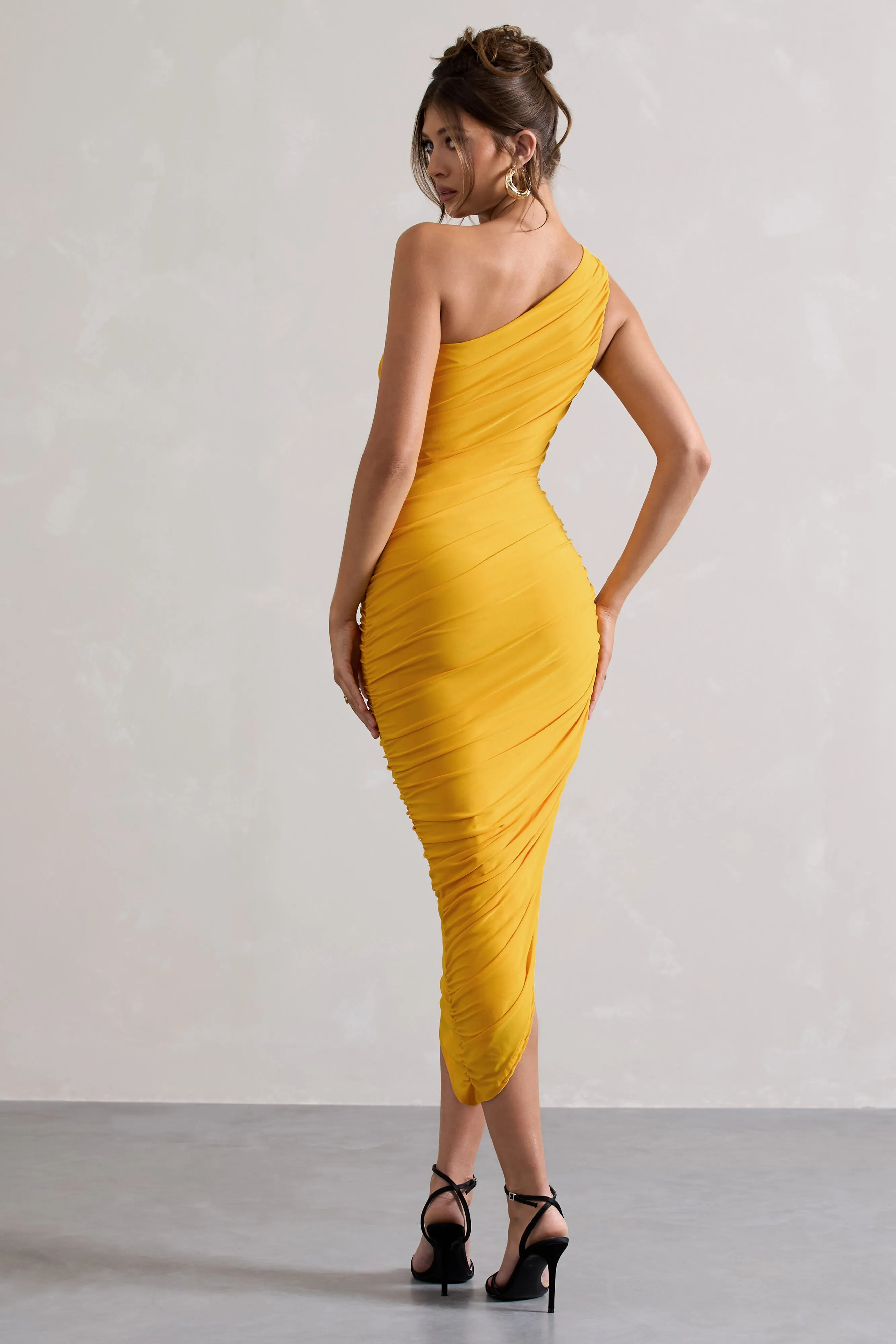 Dorit | Yellow One Shoulder Asymmetric Ruched Midi Dress Club L London