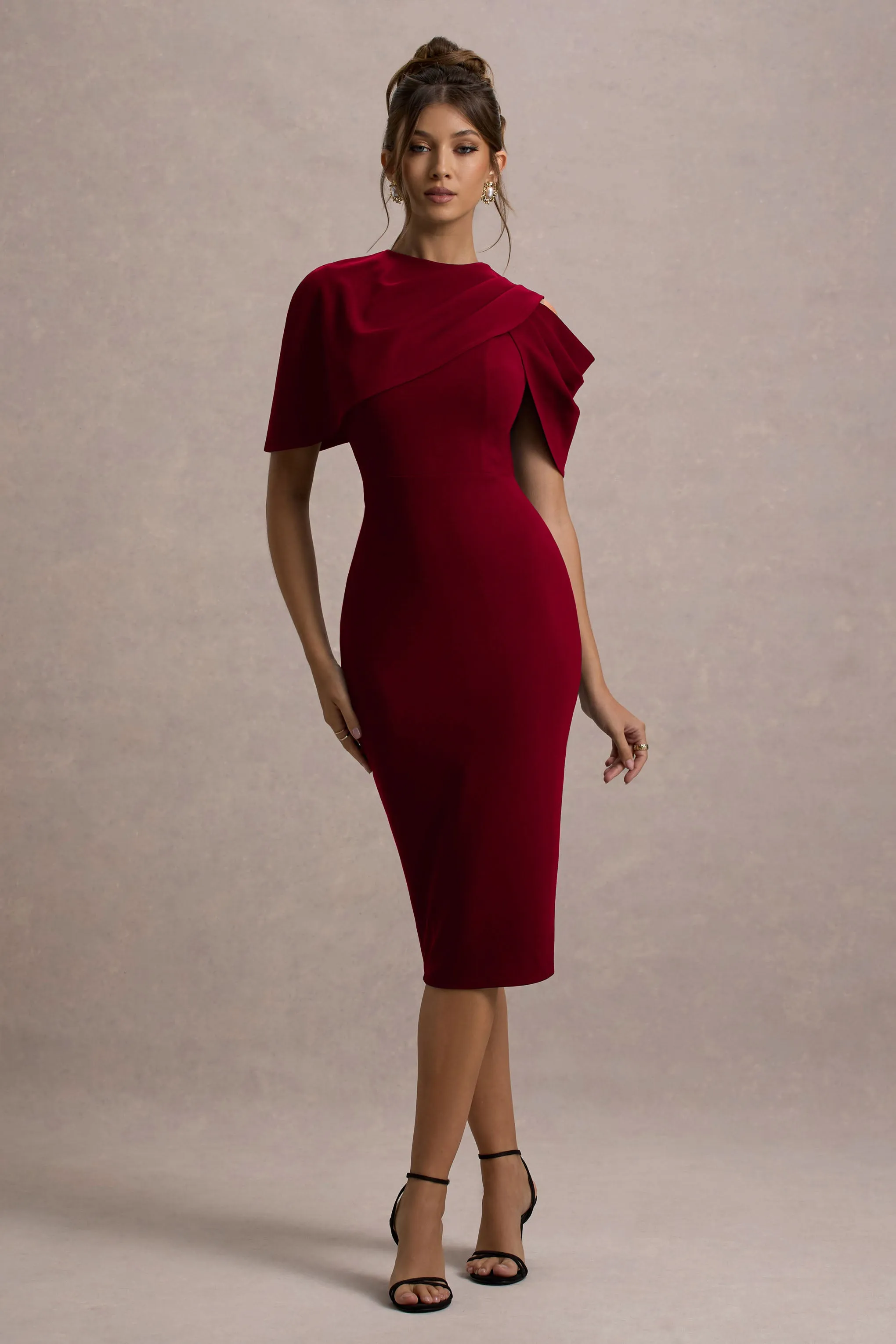 Dorothea | Berry Draped Midi Dress With Cape Club L London