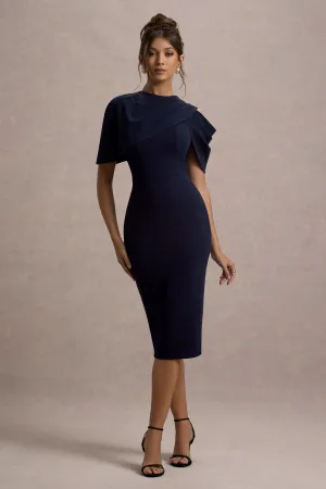 Dorothea | Navy Draped Midi Dress With Cape Club L London