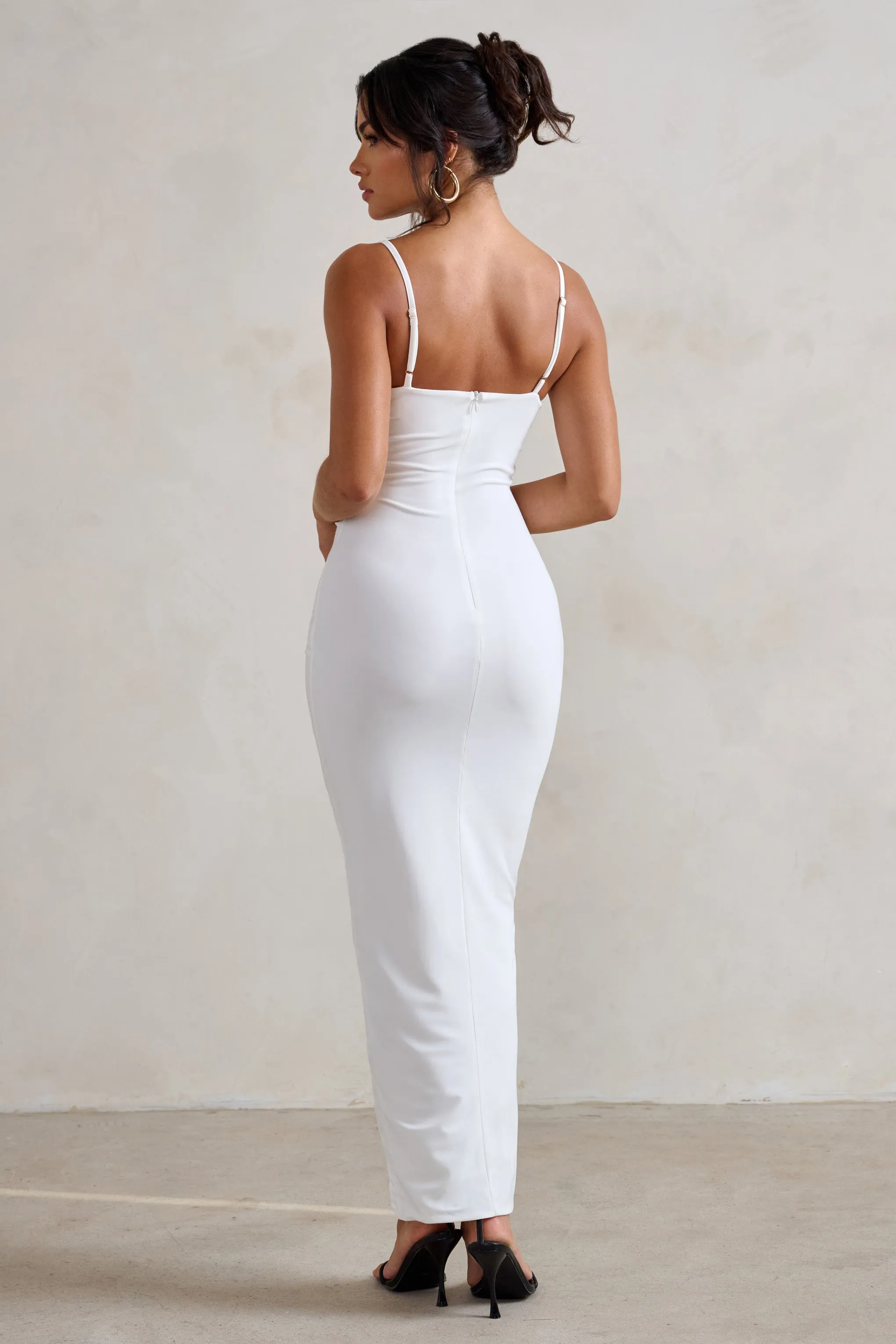 Dorothy | White Plunge V Neckline Ruffle Midi Dress Club L London