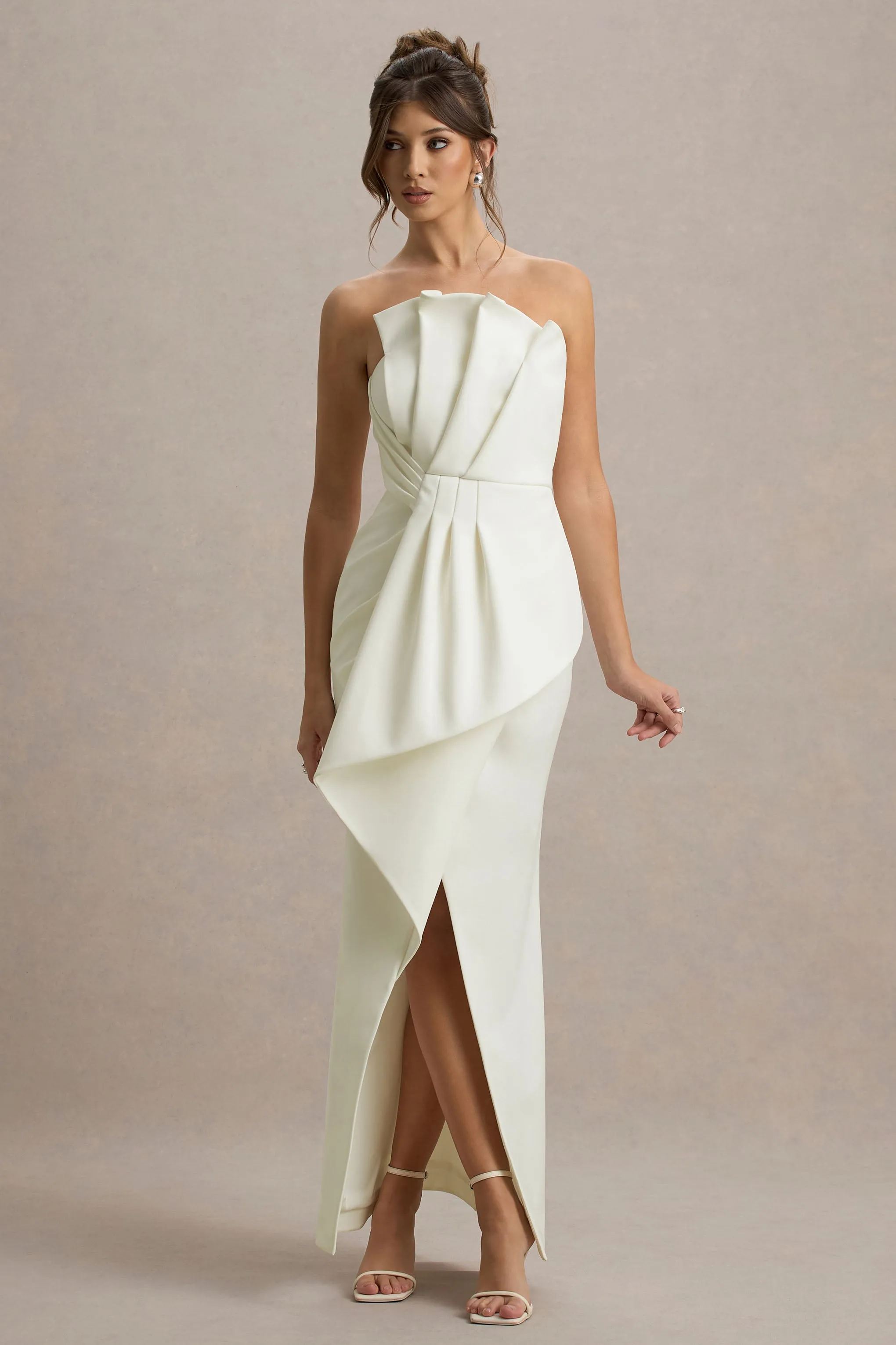 Dreamy Whispers | Cream Strapless Ruffle Split Maxi Dress Club L London