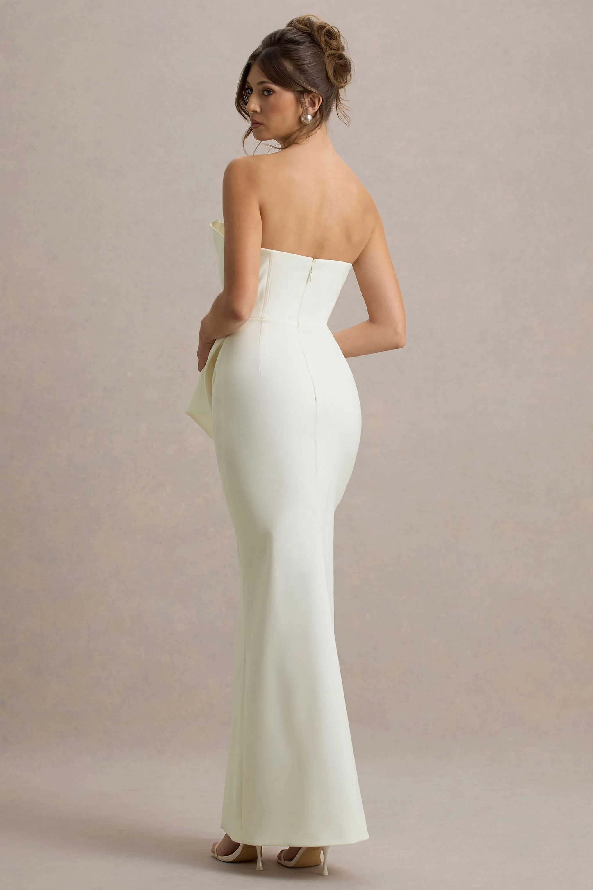 Dreamy Whispers | Cream Strapless Ruffle Split Maxi Dress Club L London