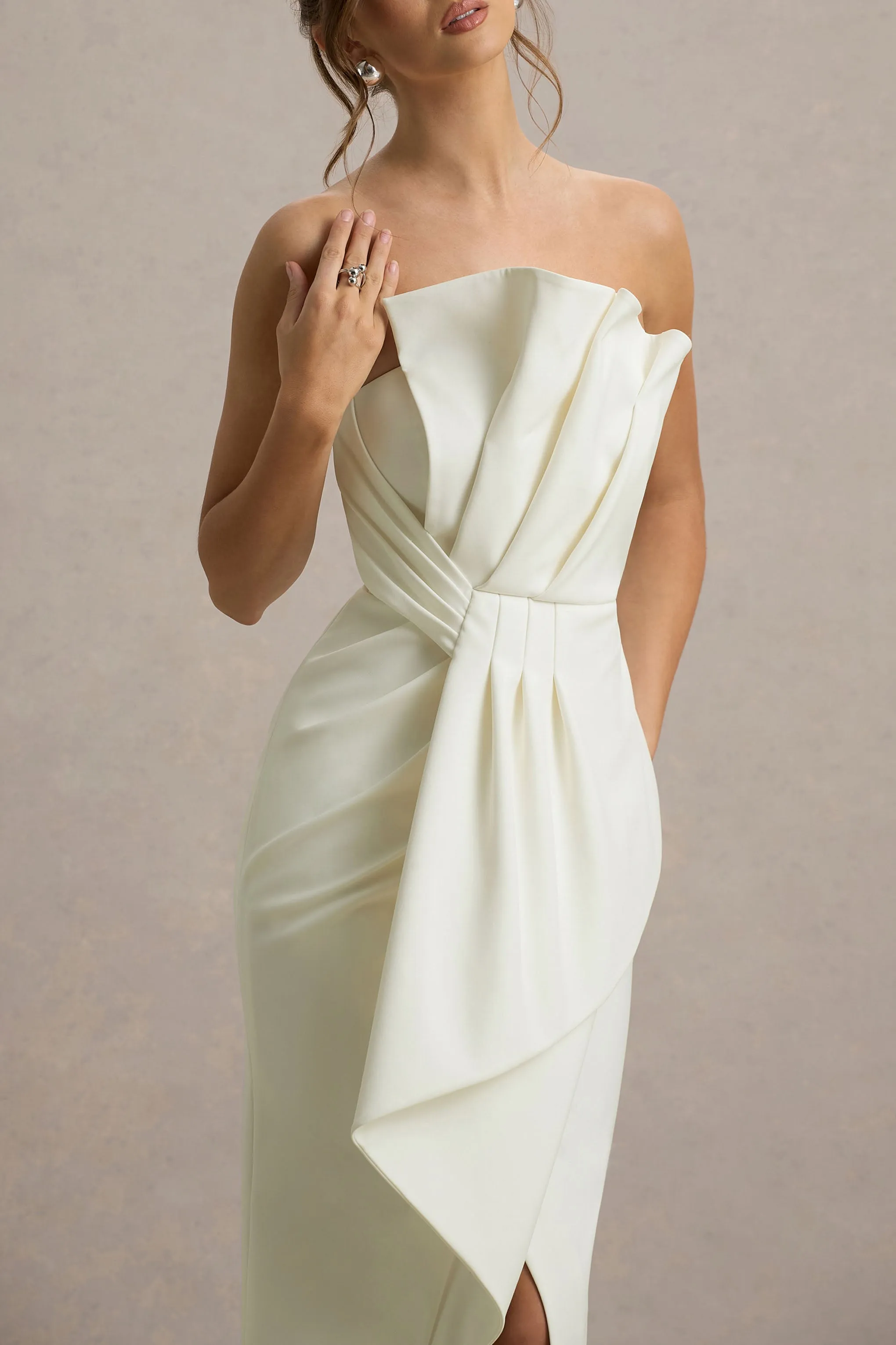 Dreamy Whispers | Cream Strapless Ruffle Split Maxi Dress Club L London