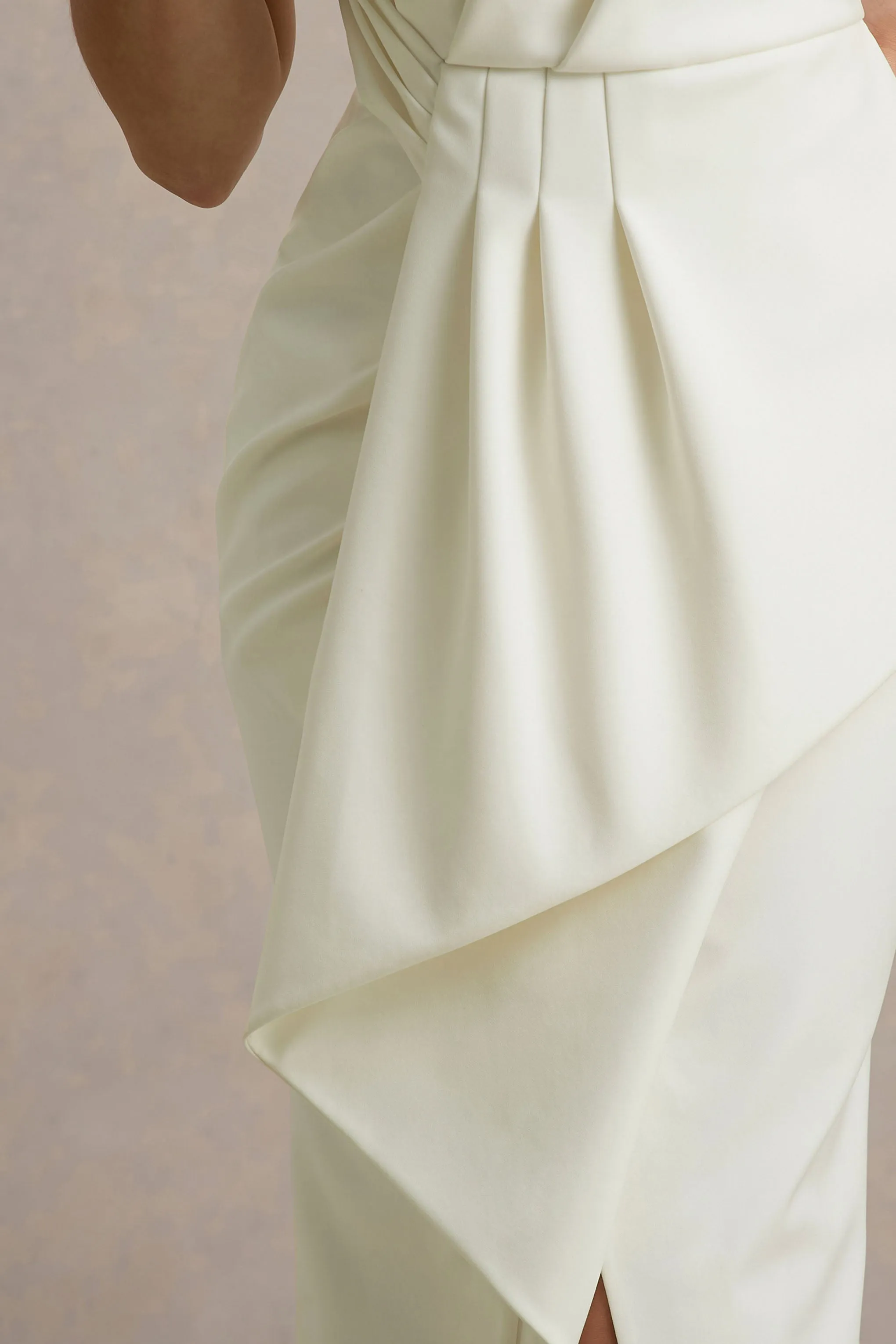Dreamy Whispers | Cream Strapless Ruffle Split Maxi Dress Club L London