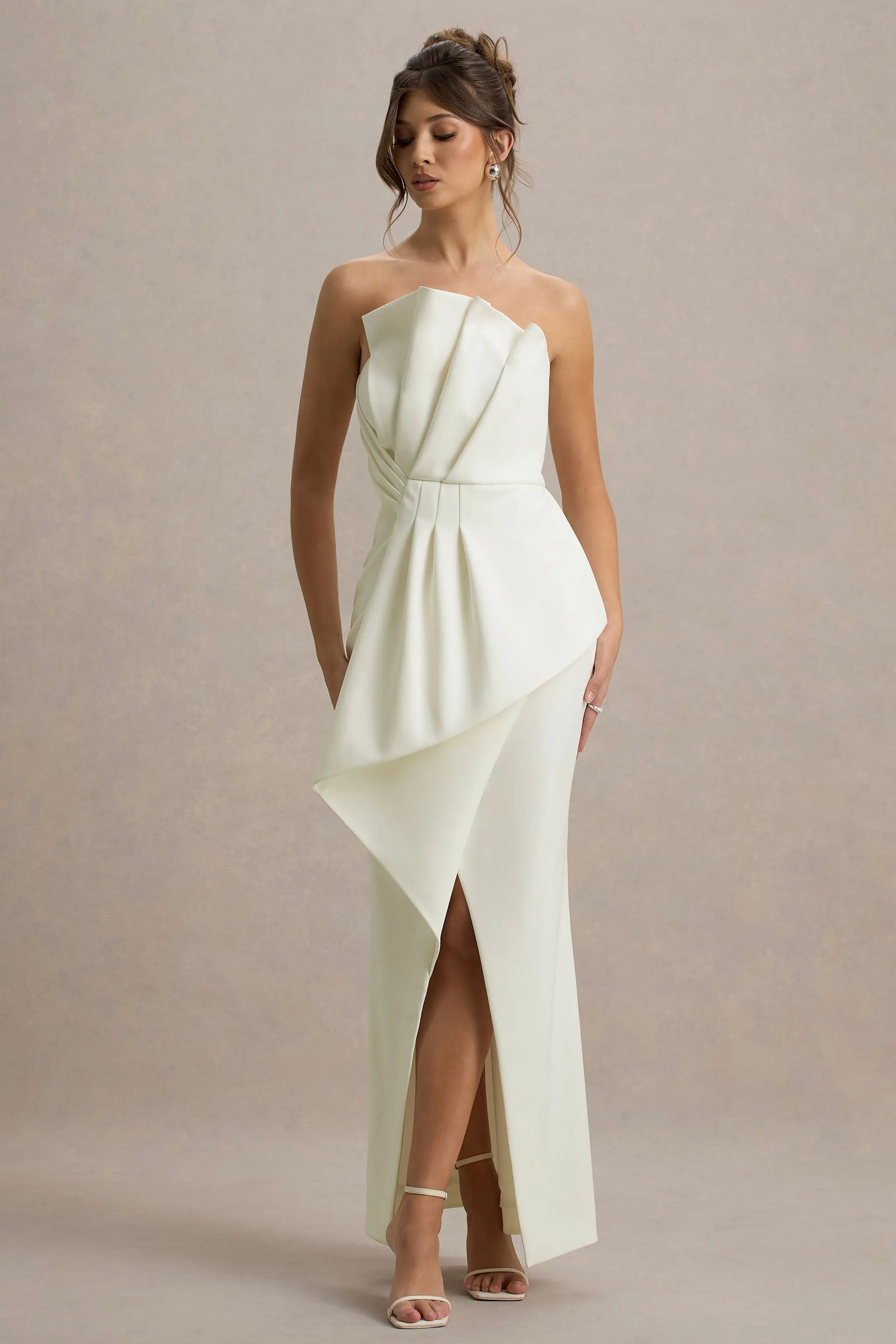 Dreamy Whispers | Cream Strapless Ruffle Split Maxi Dress Club L London
