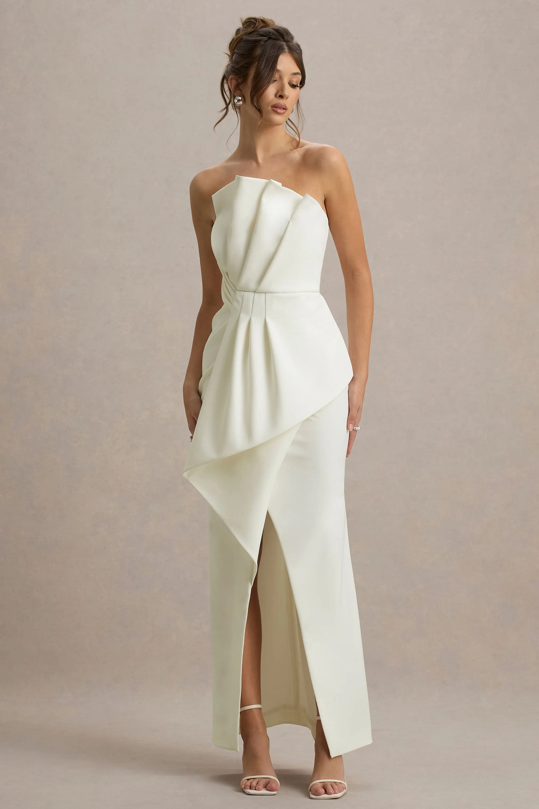 Dreamy Whispers | Cream Strapless Ruffle Split Maxi Dress Club L London