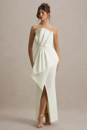 Dreamy Whispers | Cream Strapless Ruffle Split Maxi Dress Club L London