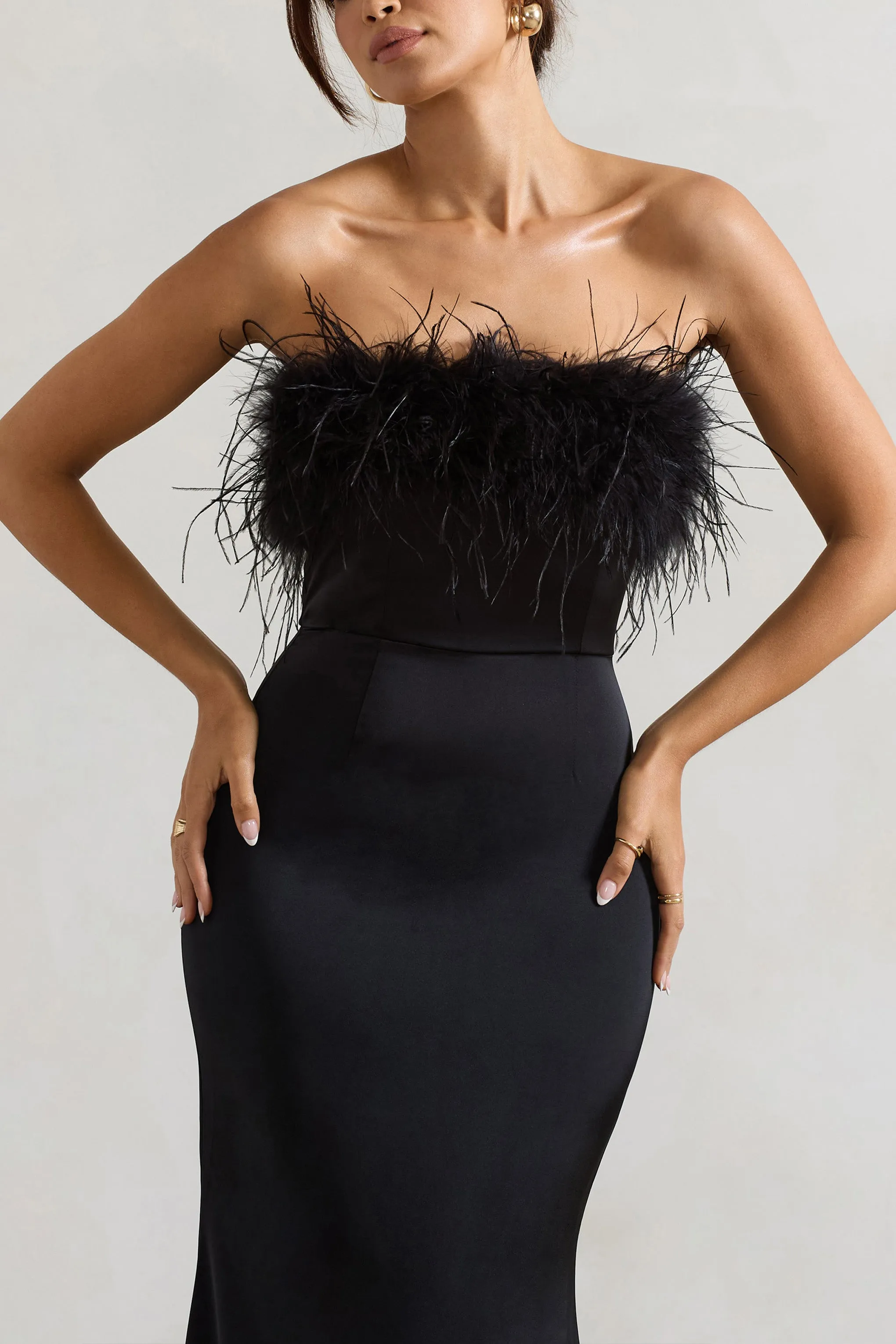 Dress For It | Black Satin Feather Trim Bandeau Maxi Dress Club L London