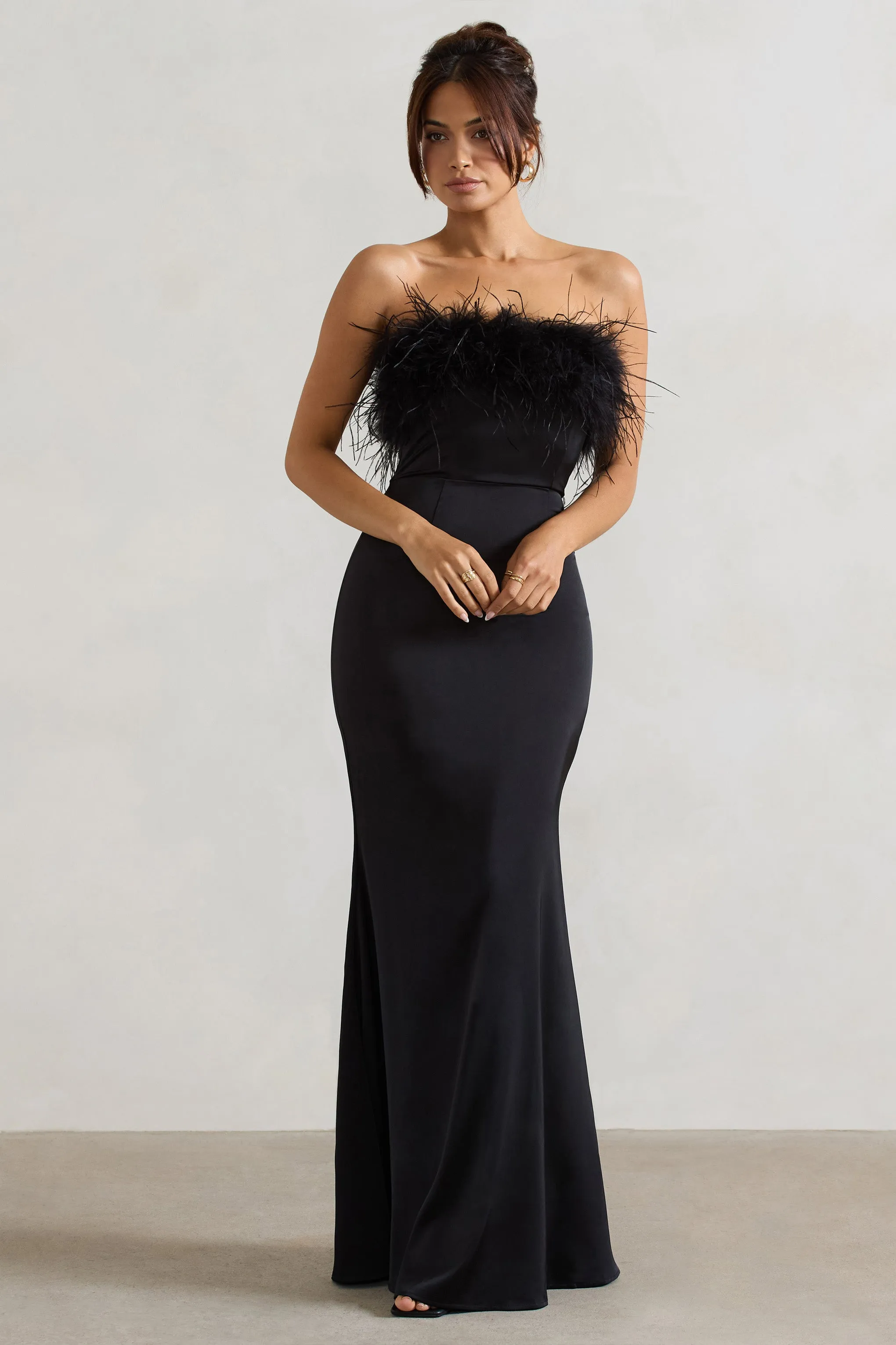 Dress For It | Black Satin Feather Trim Bandeau Maxi Dress Club L London