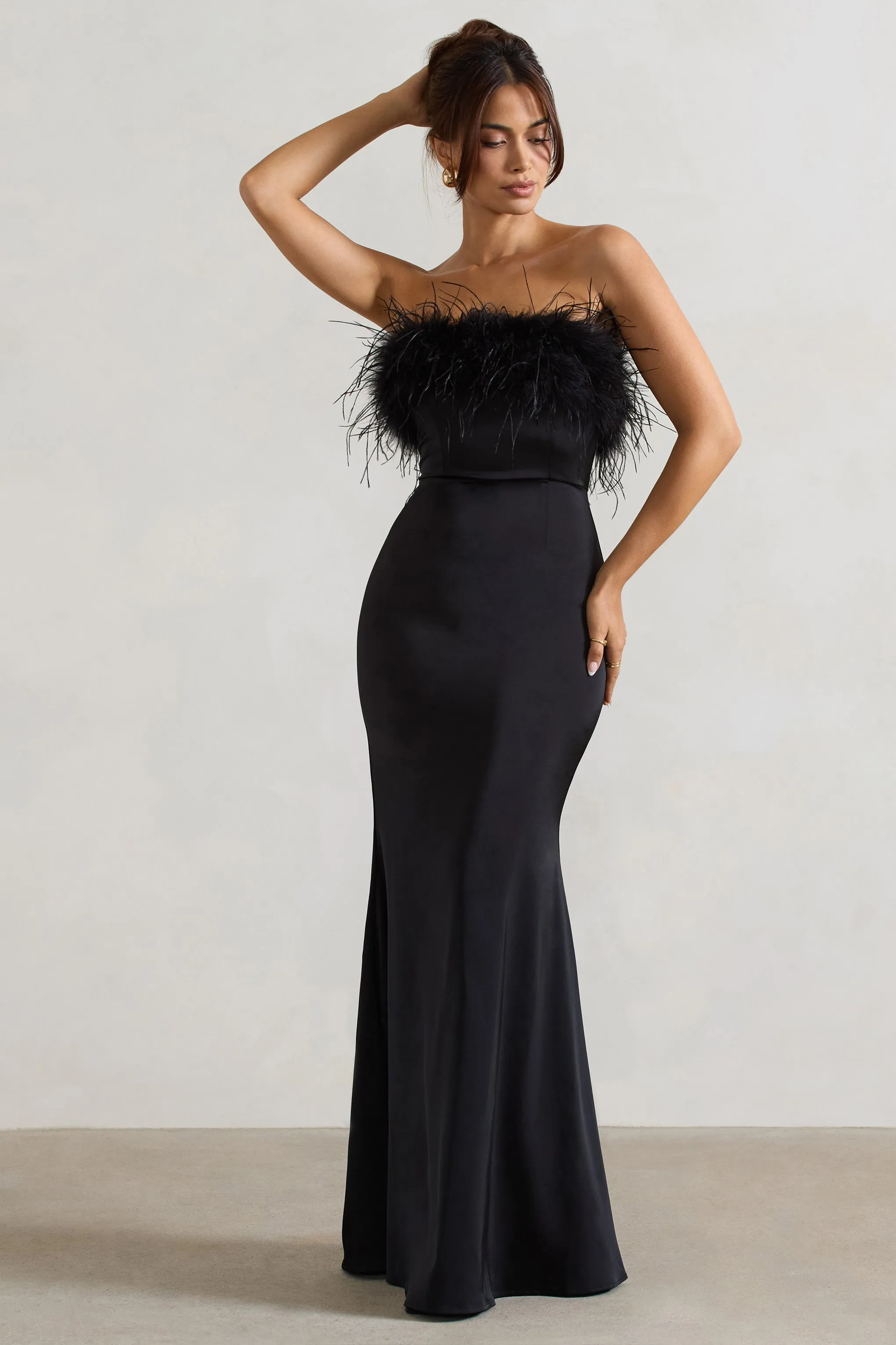 Dress For It | Black Satin Feather Trim Bandeau Maxi Dress Club L London