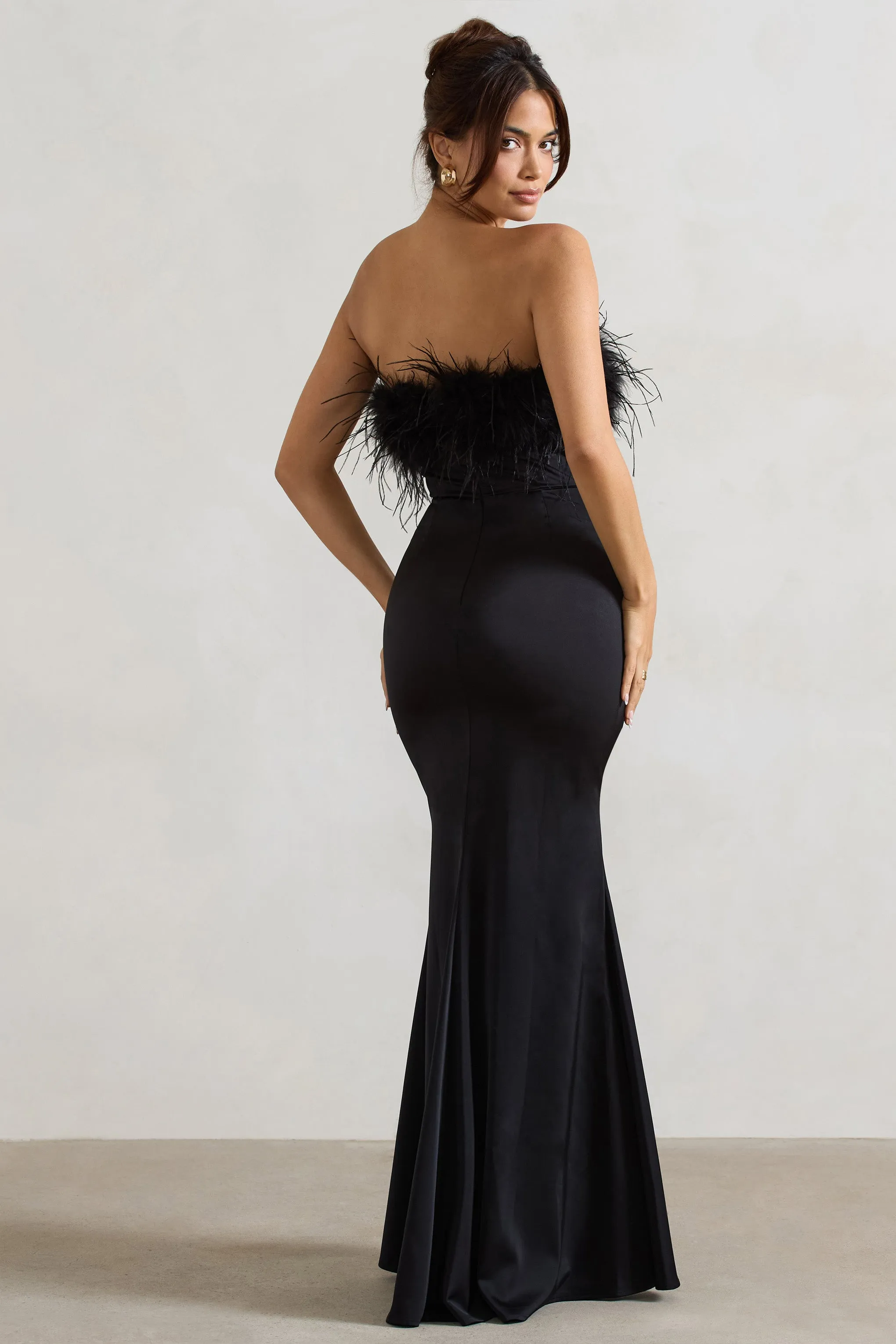 Dress For It | Black Satin Feather Trim Bandeau Maxi Dress Club L London