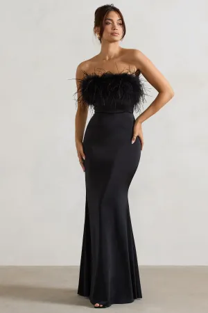 Dress For It | Black Satin Feather Trim Bandeau Maxi Dress Club L London