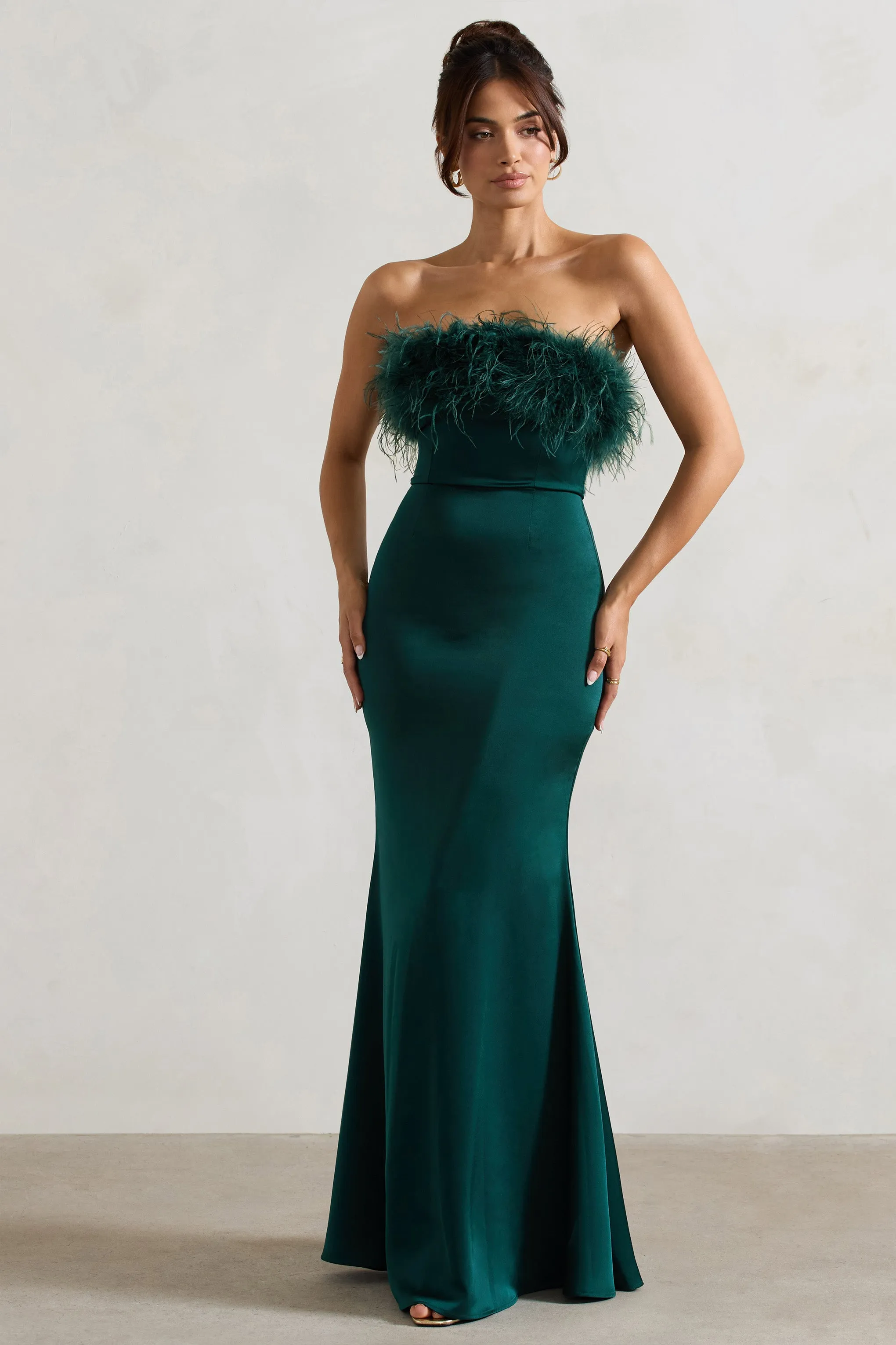 Dress For It | Bottle Green Satin Feather Trim Bandeau Maxi Dress Club L London