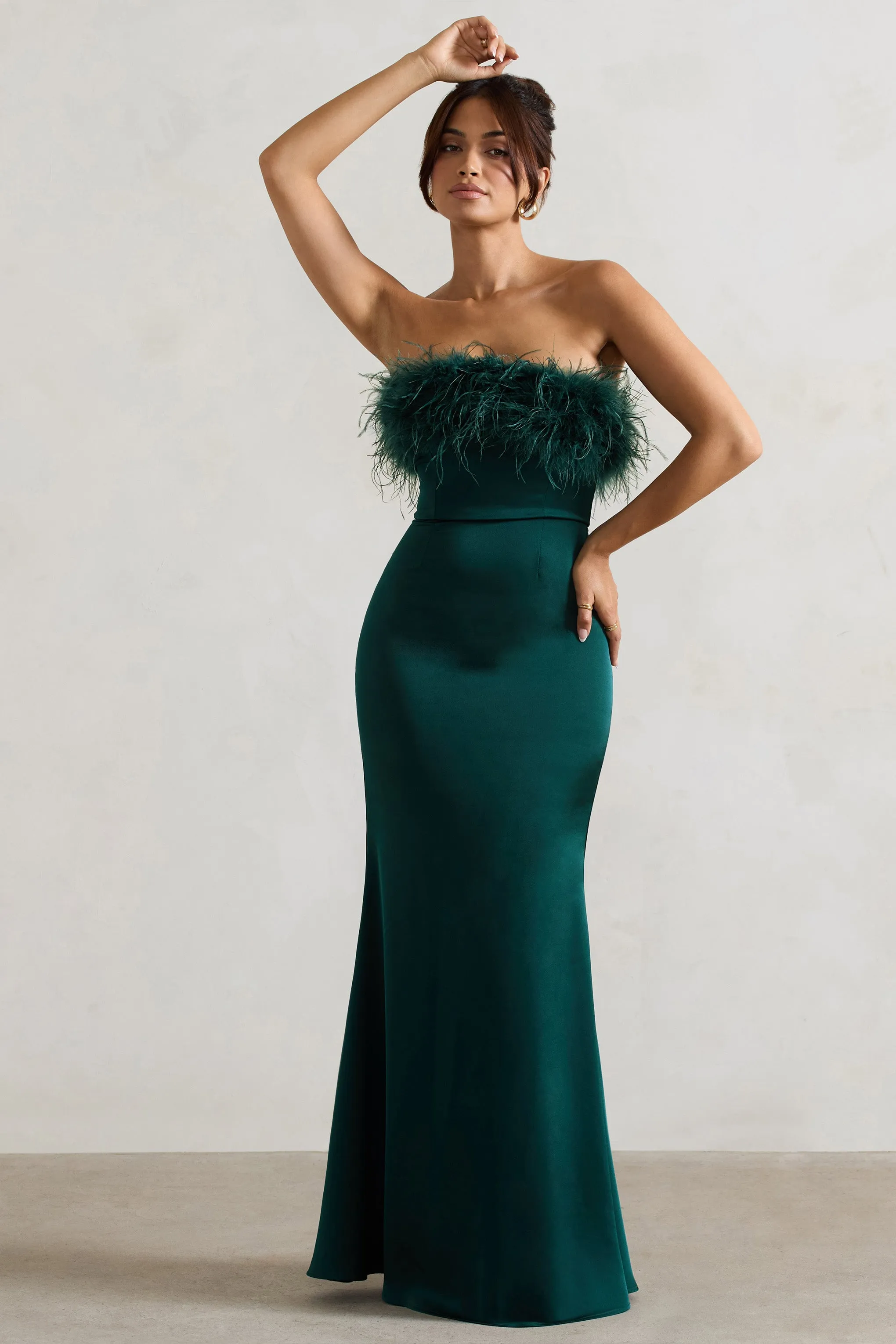 Dress For It | Bottle Green Satin Feather Trim Bandeau Maxi Dress Club L London