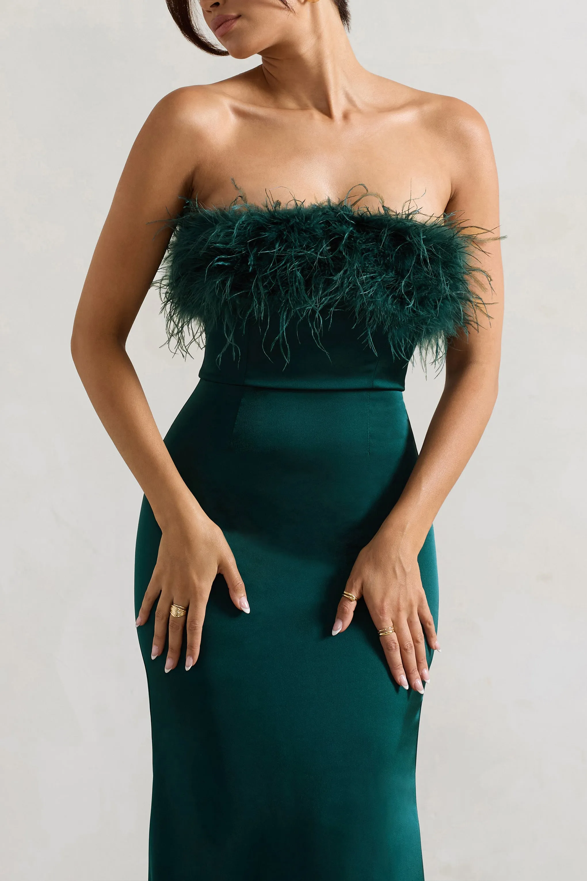 Dress For It | Bottle Green Satin Feather Trim Bandeau Maxi Dress Club L London