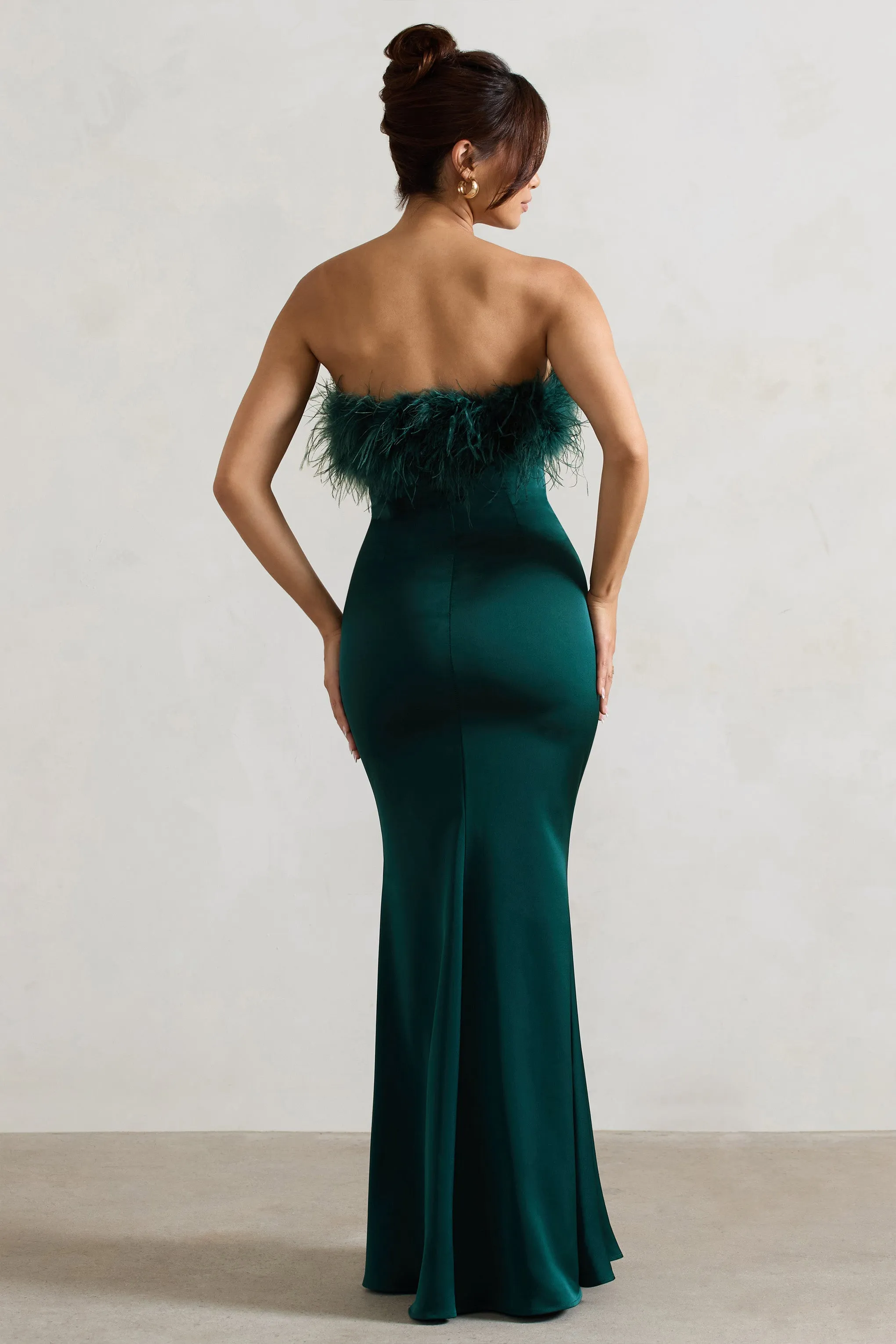 Dress For It | Bottle Green Satin Feather Trim Bandeau Maxi Dress Club L London