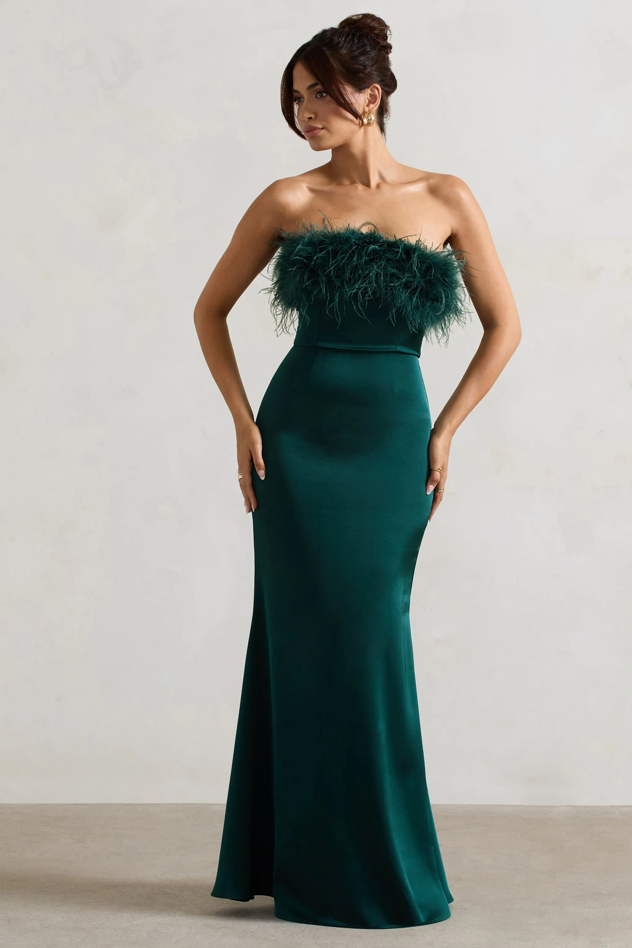 Dress For It | Bottle Green Satin Feather Trim Bandeau Maxi Dress Club L London