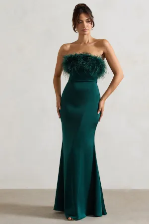 Dress For It | Bottle Green Satin Feather Trim Bandeau Maxi Dress Club L London