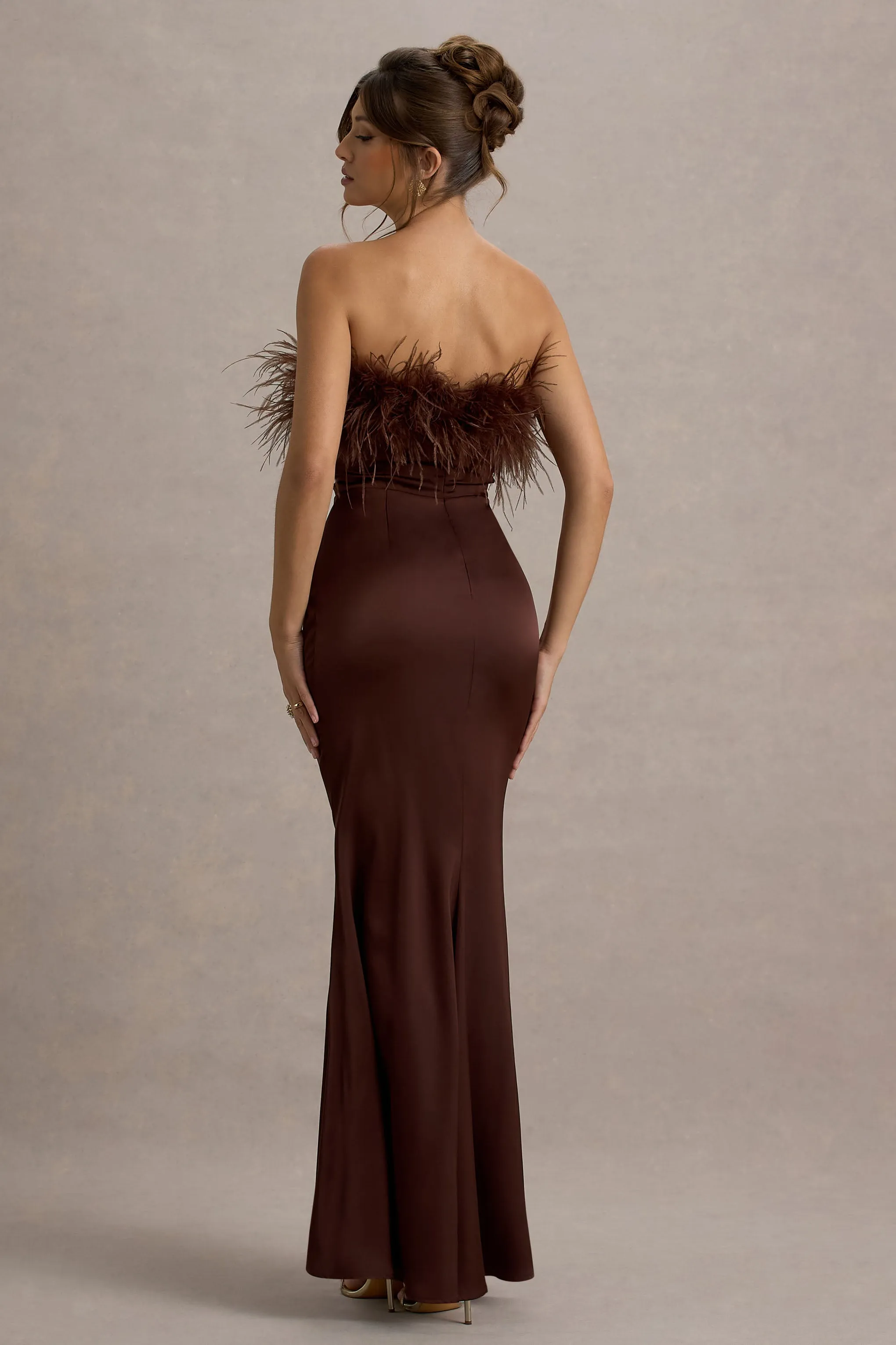 Dress For It | Brown Satin Feather Trim Bandeau Maxi Dress Club L London