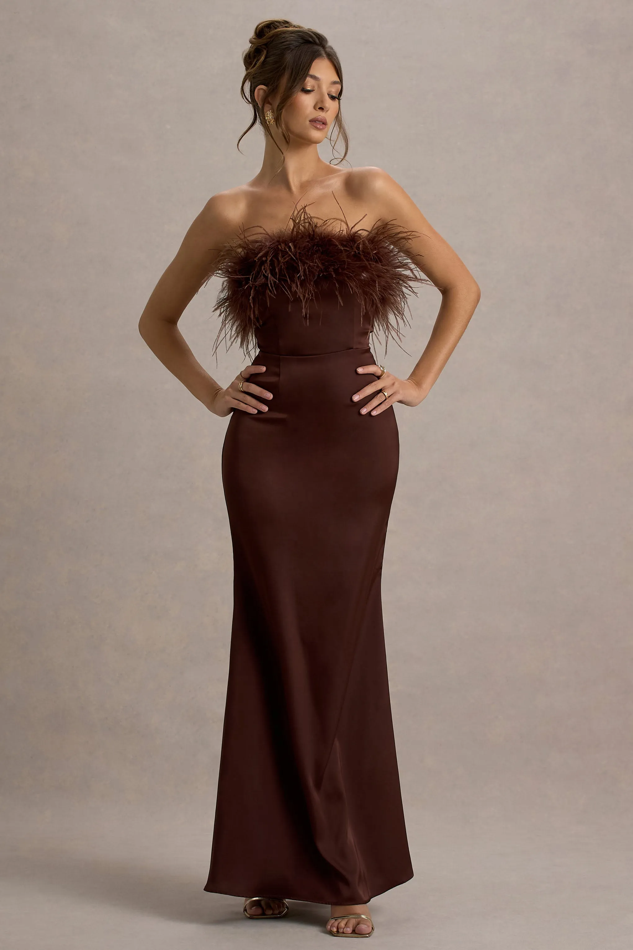 Dress For It | Brown Satin Feather Trim Bandeau Maxi Dress Club L London