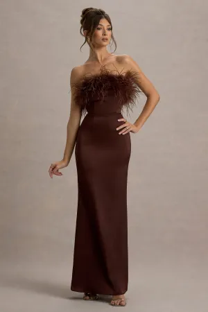 Dress For It | Brown Satin Feather Trim Bandeau Maxi Dress Club L London