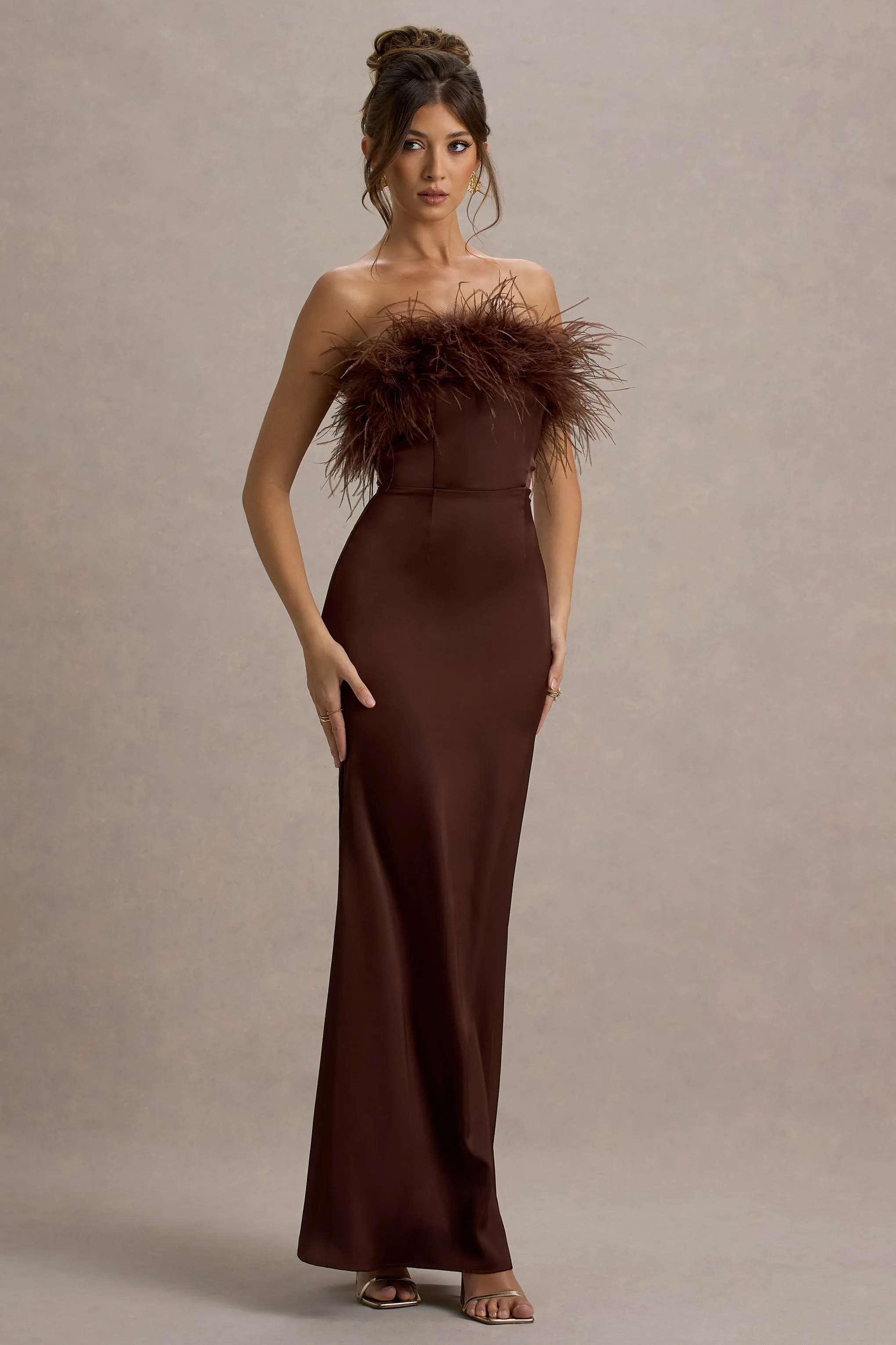 Dress For It | Brown Satin Feather Trim Bandeau Maxi Dress Club L London