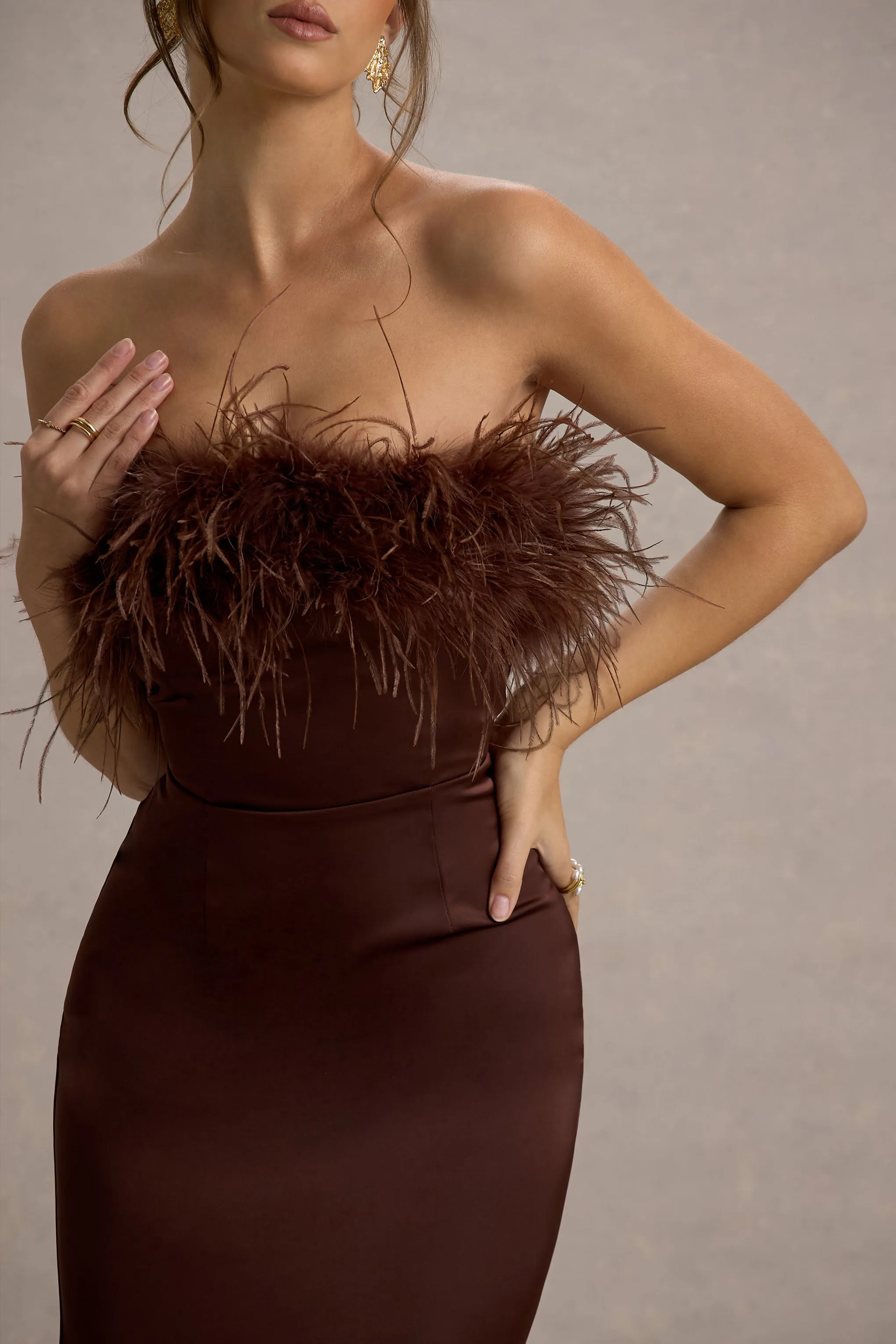 Dress For It | Brown Satin Feather Trim Bandeau Maxi Dress Club L London