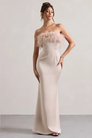Dress For It | Champagne Satin Feather Trim Bandeau Maxi Dress Club L London