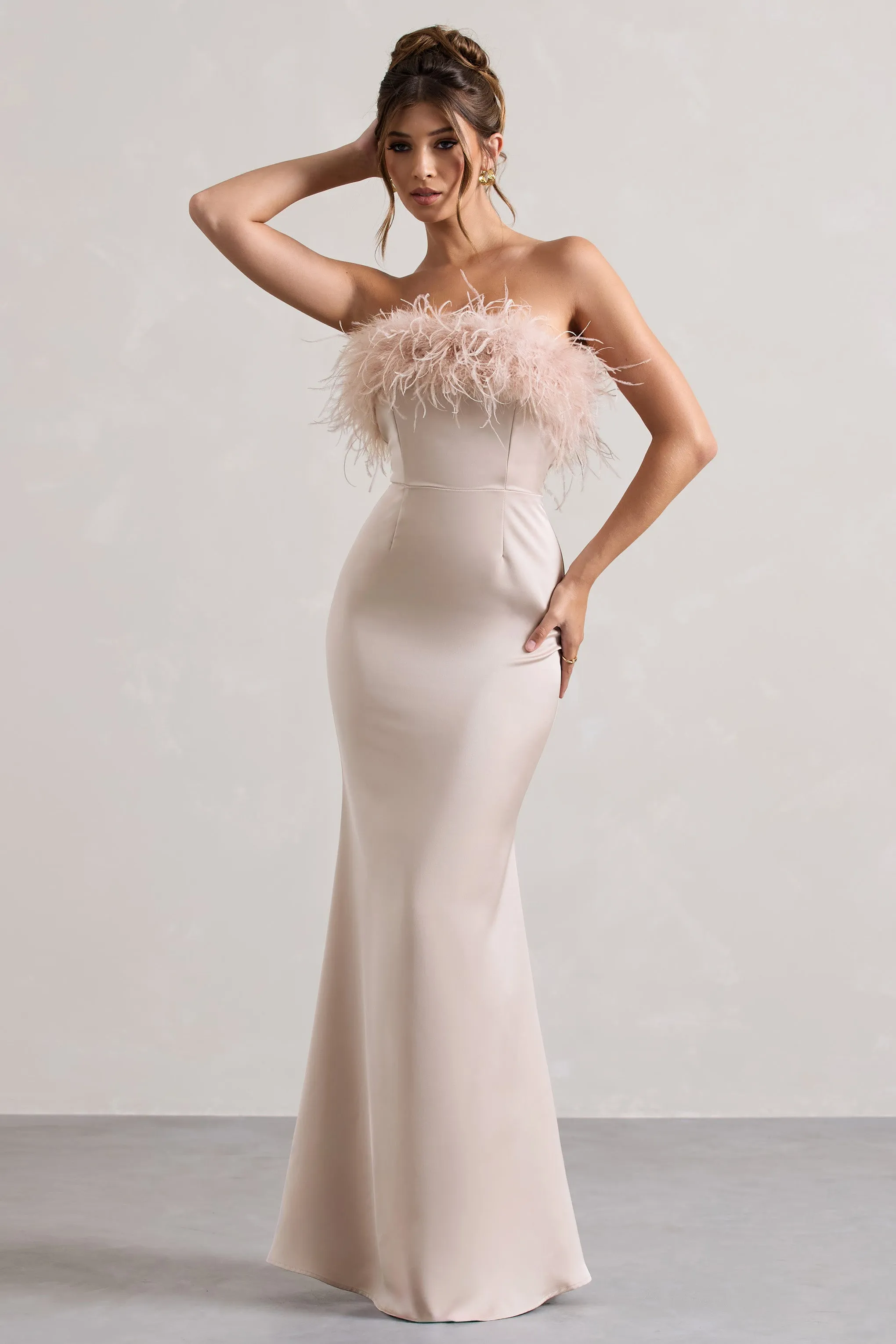 Dress For It | Champagne Satin Feather Trim Bandeau Maxi Dress Club L London