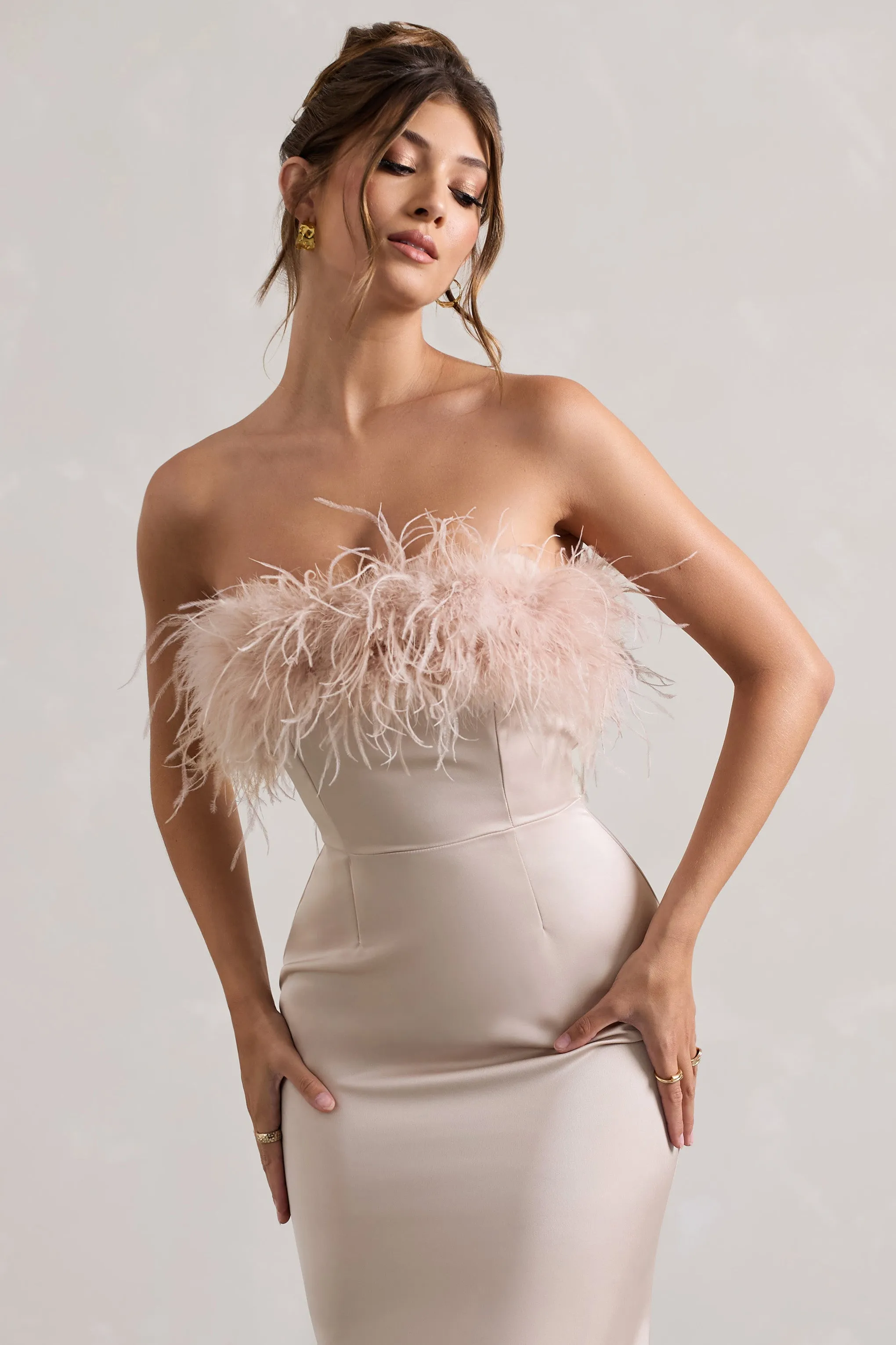 Dress For It | Champagne Satin Feather Trim Bandeau Maxi Dress Club L London