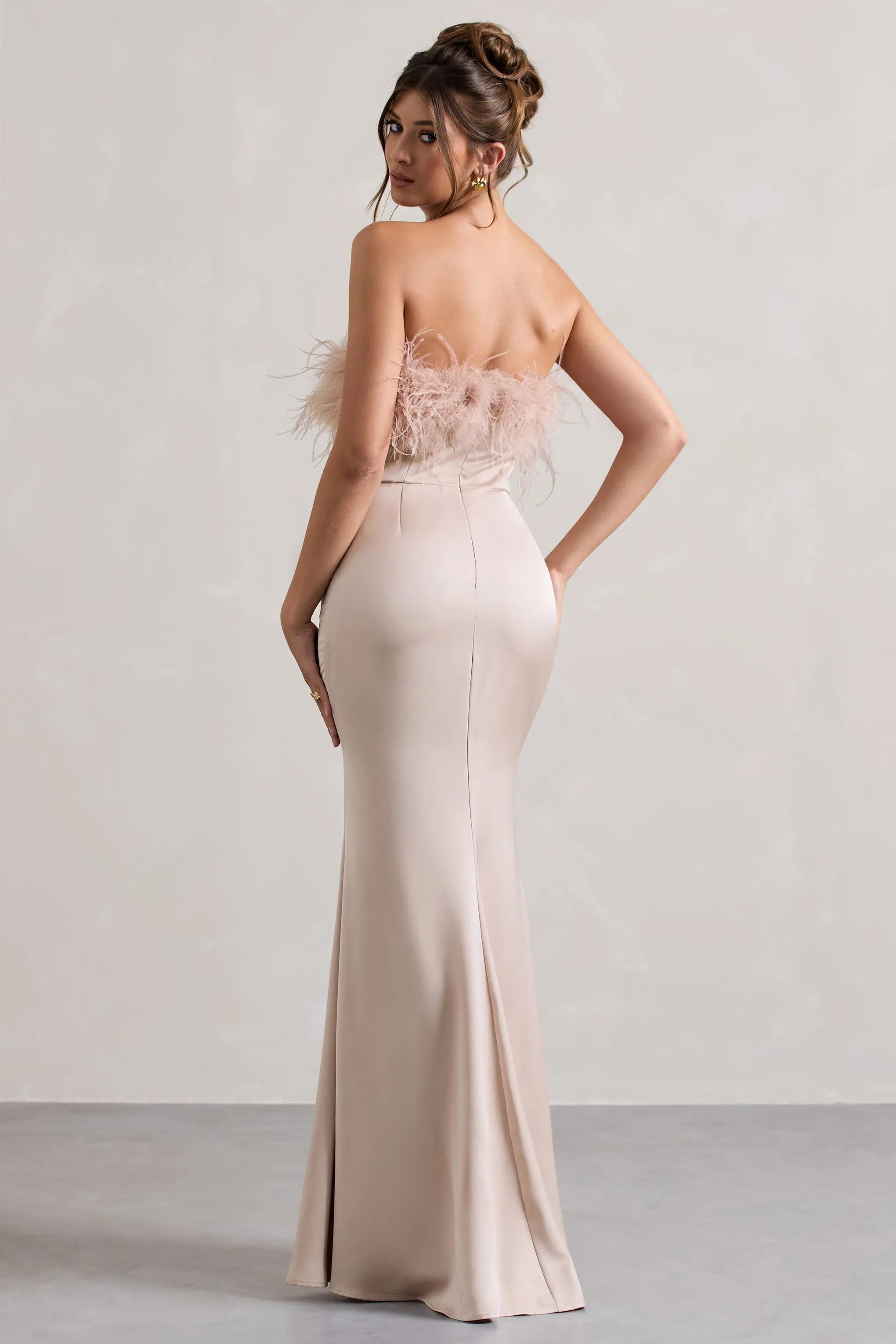 Dress For It | Champagne Satin Feather Trim Bandeau Maxi Dress Club L London