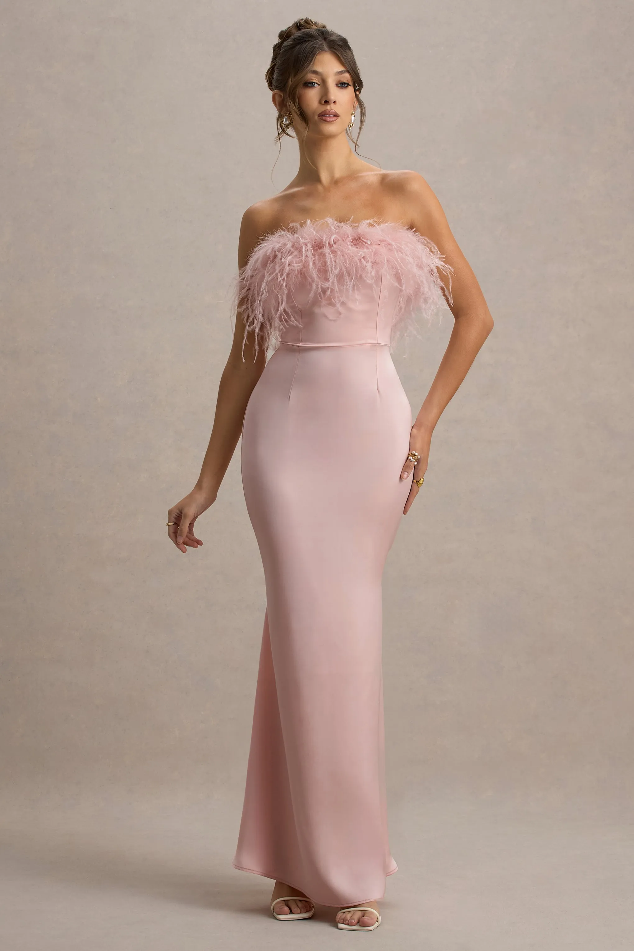 Dress For It | Pale Pink Satin Feather Trim Bandeau Maxi Dress Club L London