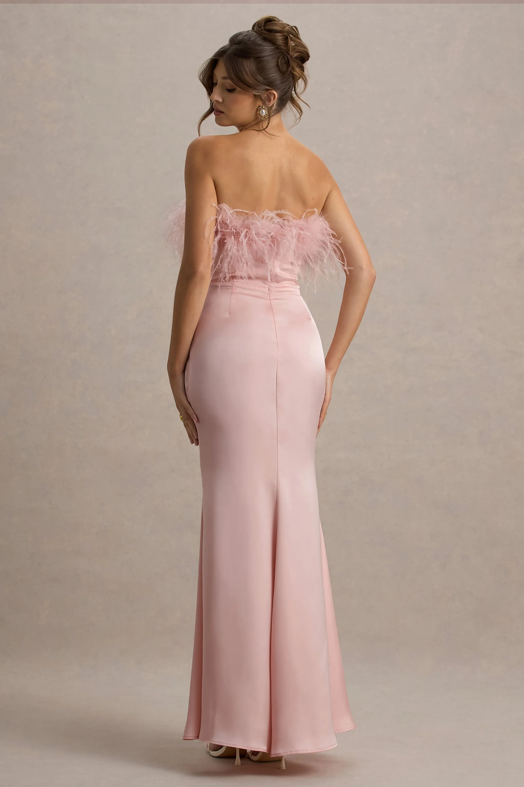 Dress For It | Pale Pink Satin Feather Trim Bandeau Maxi Dress Club L London