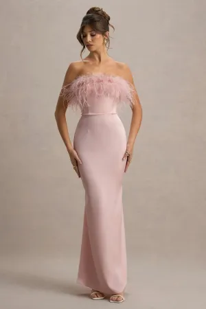Dress For It | Pale Pink Satin Feather Trim Bandeau Maxi Dress Club L London