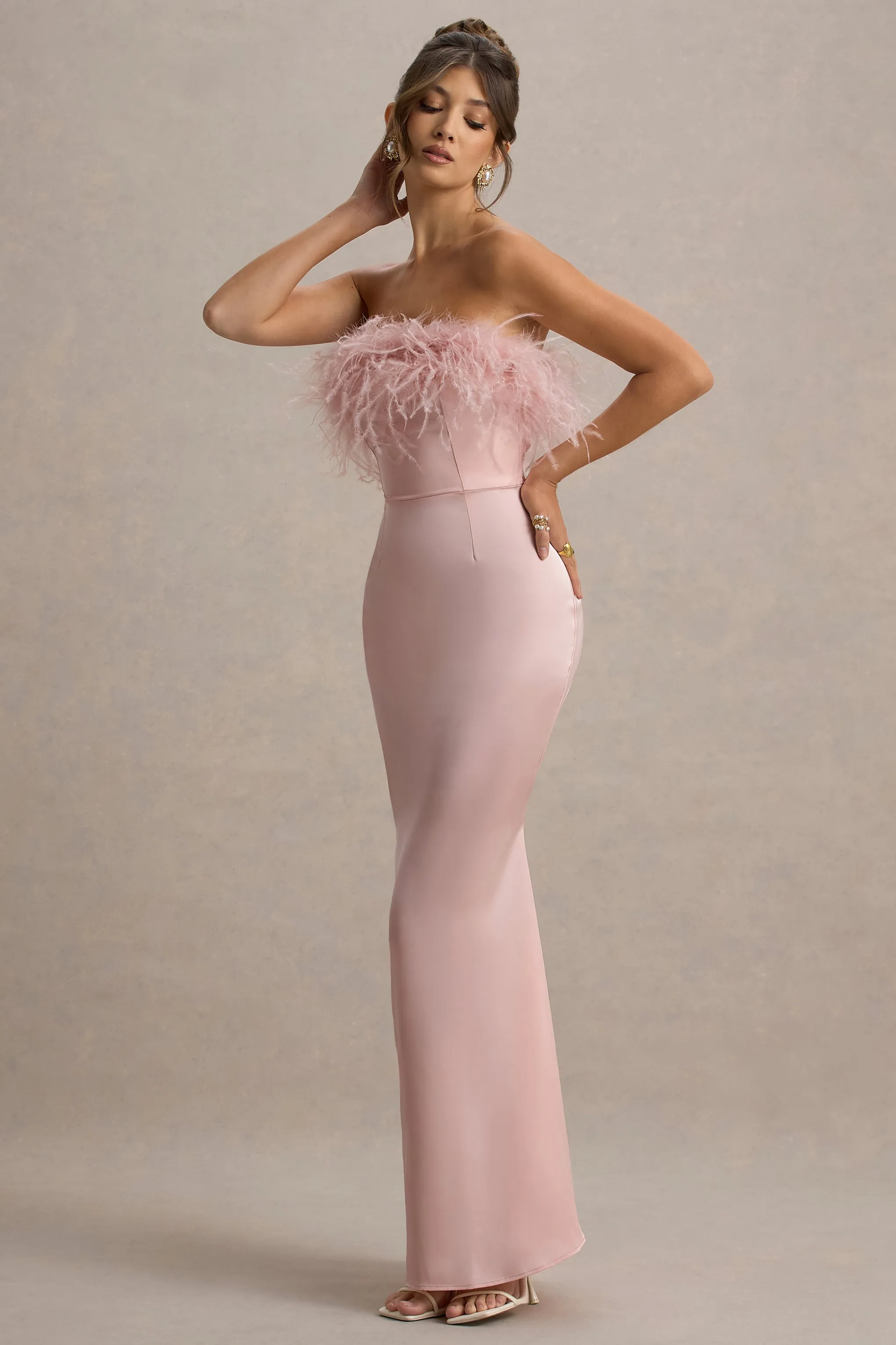 Dress For It | Pale Pink Satin Feather Trim Bandeau Maxi Dress Club L London