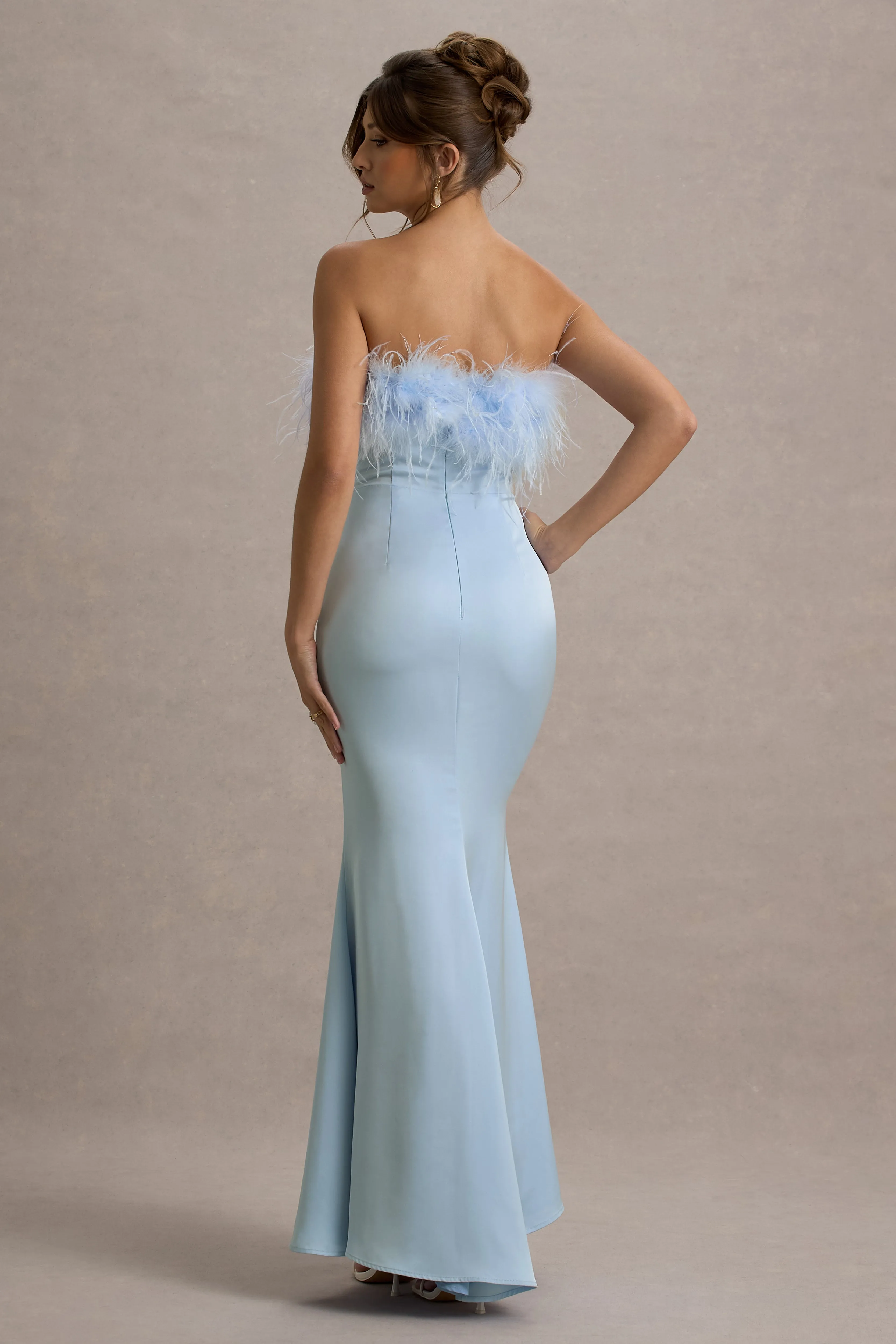 Dress For It | Powder Blue Satin Feather Trim Bandeau Maxi Dress Club L London