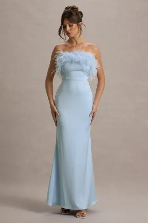 Dress For It | Powder Blue Satin Feather Trim Bandeau Maxi Dress Club L London